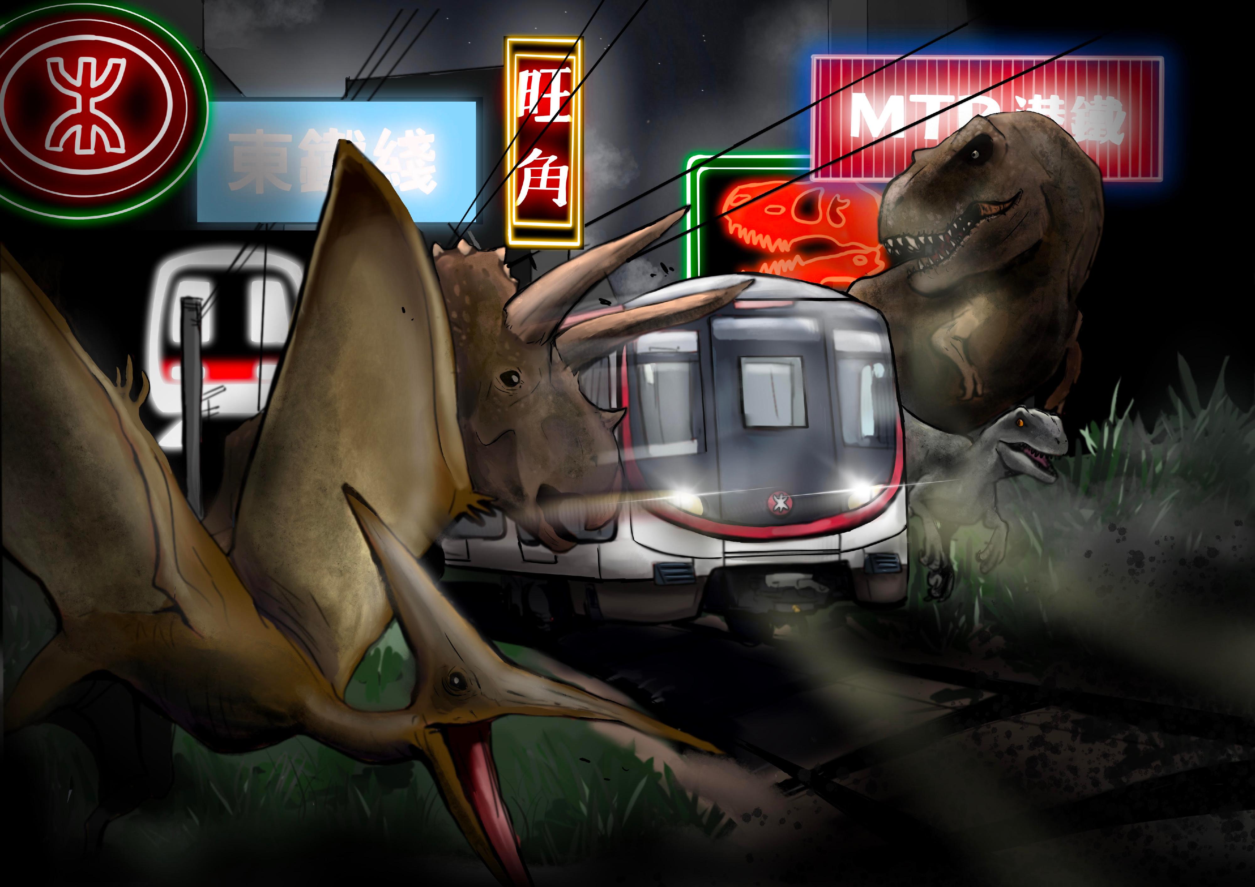 The winning entries of the "MTR x Dinosaur Adventure Art Competition 2022" will be displayed at the Hong Kong Science Museum from August 12 (Friday). Picture shows the artwork of Chan Man-hin from Jockey Club Ti-I College, the champion of the Senior Secondary Level under the Digital Graphics Category of the competition.