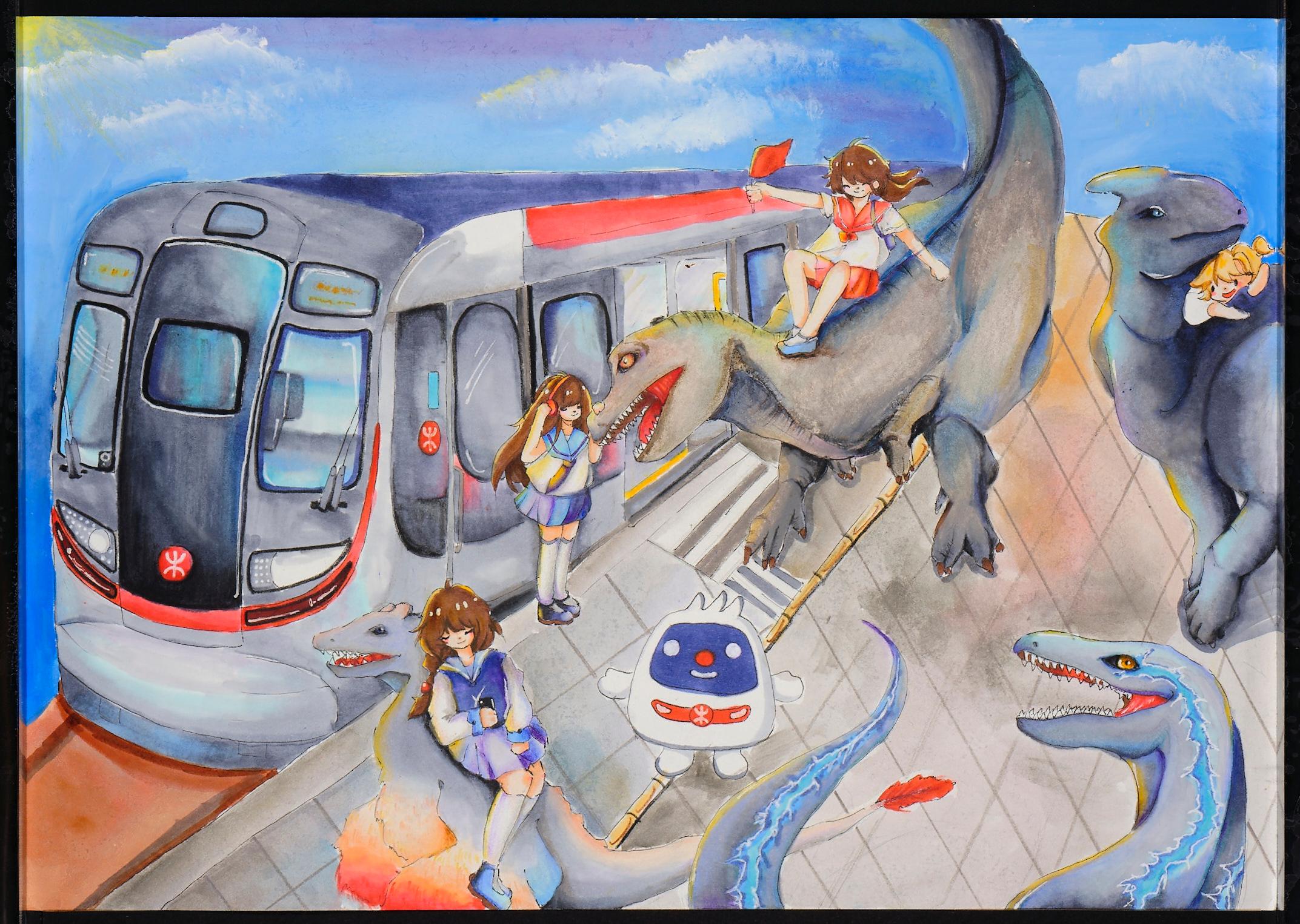 The winning entries of the "MTR x Dinosaur Adventure Art Competition 2022" will be displayed at the Hong Kong Science Museum from August 12 (Friday). Picture shows the artwork of Chung Kwok-ching from Christian and Missionary Alliance Sun Kei Secondary School, the champion of the Junior Secondary Level under the Painting Category of the competition.