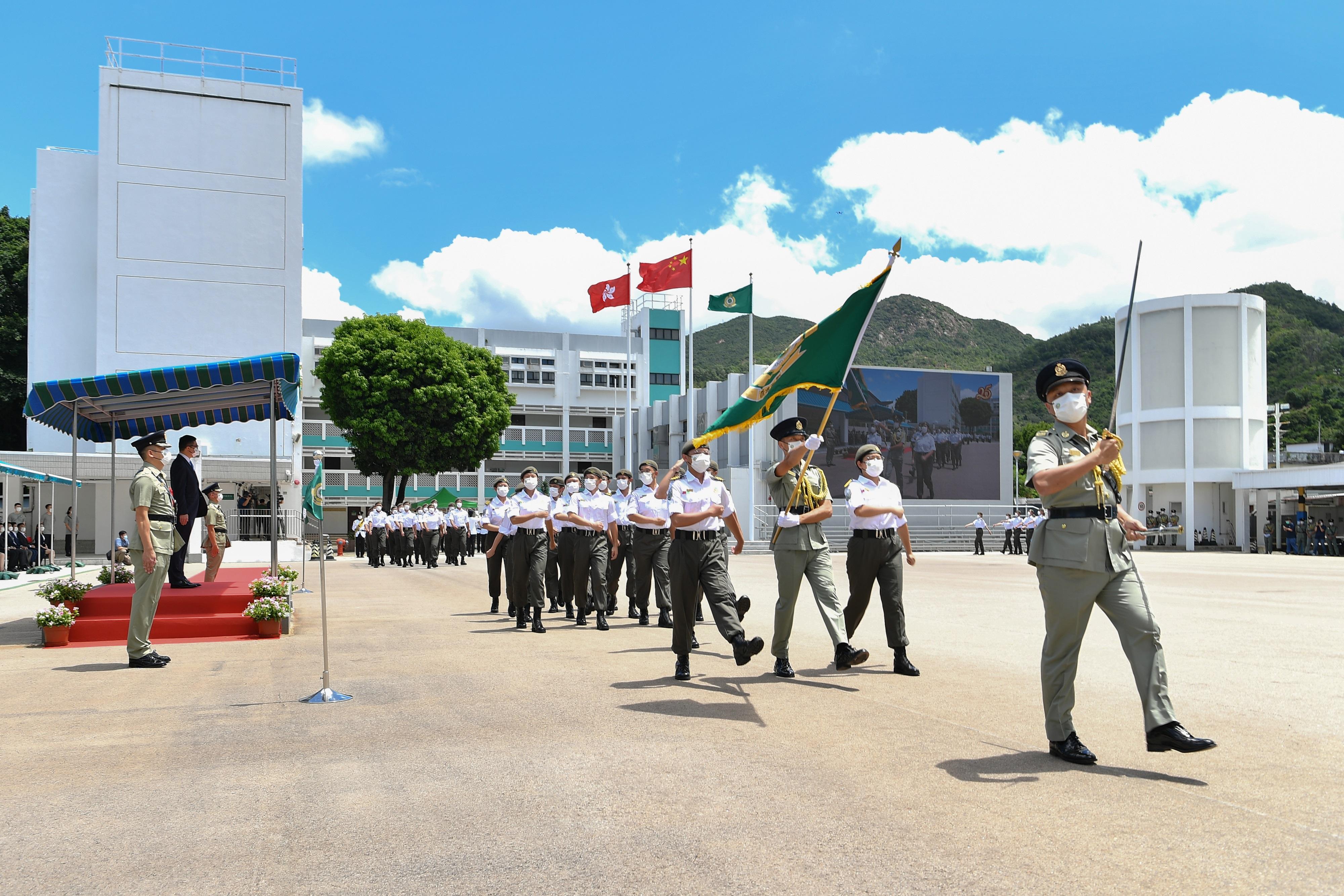 Hong Kong Customs ran the Customs Youth Leader Corps Summer Training Camp 2022 this week (August 15 to 19) and the graduation parade was held today (August 20) at the Hong Kong Customs College. Photo shows the graduates performing "zheng bu" (a specific type of marching step) and marching past the review stand.