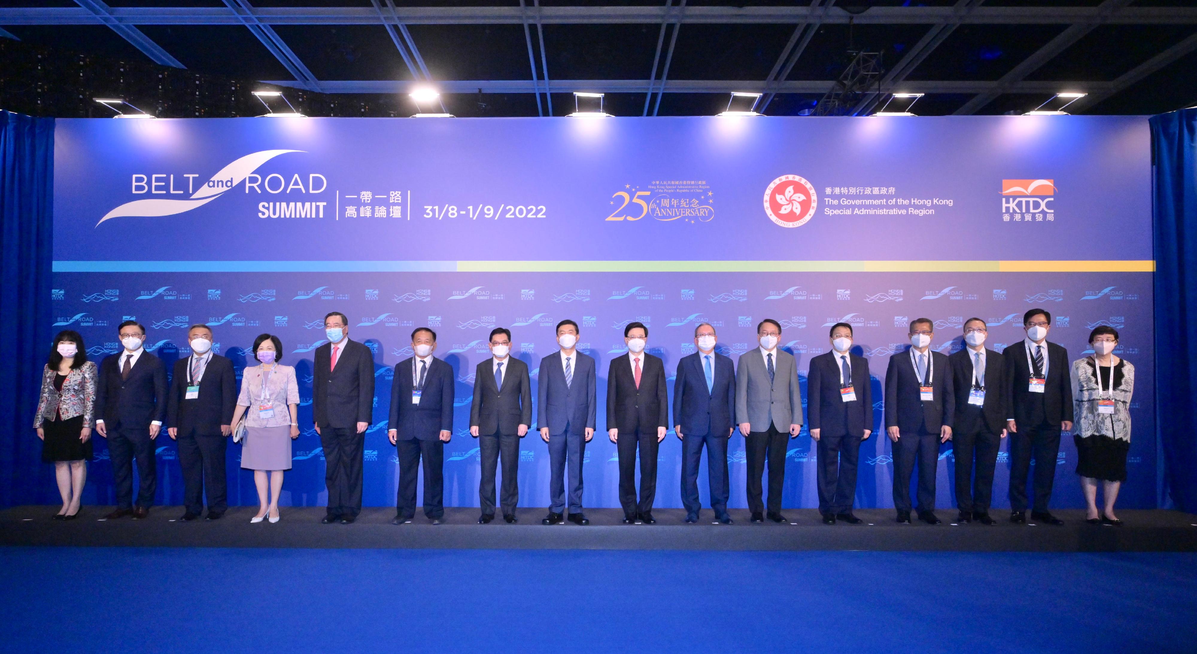 The Chief Executive, Mr John Lee, attended the Belt and Road Summit today (August 31). Photo shows (from left) the Executive Director of the Hong Kong Trade Development Council (HKTDC), Ms Margaret Fong; the Deputy Secretary for Justice, Mr Cheung Kwok-kwan; the Acting Commissioner of the Ministry of Foreign Affairs of the People's Republic of China in the Hong Kong Special Administrative Region (HKSAR) Mr Yang Yirui; the Convenor of the Non-official Members of the Executive Council, Mrs Regina Ip; the President of the Legislative Council, Mr Andrew Leung; the Secretary of State of the Ministry of Public Works and Transport of Cambodia, Mr Lim Sidenine; the Deputy Prime Minister and Coordinating Minister for Economic Policies of Singapore, Mr Heng Swee Keat; the Director of the Liaison Office of the Central People's Government (LOCPG) in the HKSAR, Mr Luo Huining; Mr Lee; the Chairman of the HKTDC, Dr Peter Lam; the Chief Secretary for Administration, Mr Chan Kwok-ki; Deputy Director of the LOCPG in the HKSAR Mr Yin Zonghua; the Financial Secretary, Mr Paul Chan; the Secretary for Justice, Mr Paul Lam, SC; the Deputy Financial Secretary, Mr Michael Wong; and the Permanent Secretary for Commerce and Economic Development, Miss Eliza Lee, at the forum.