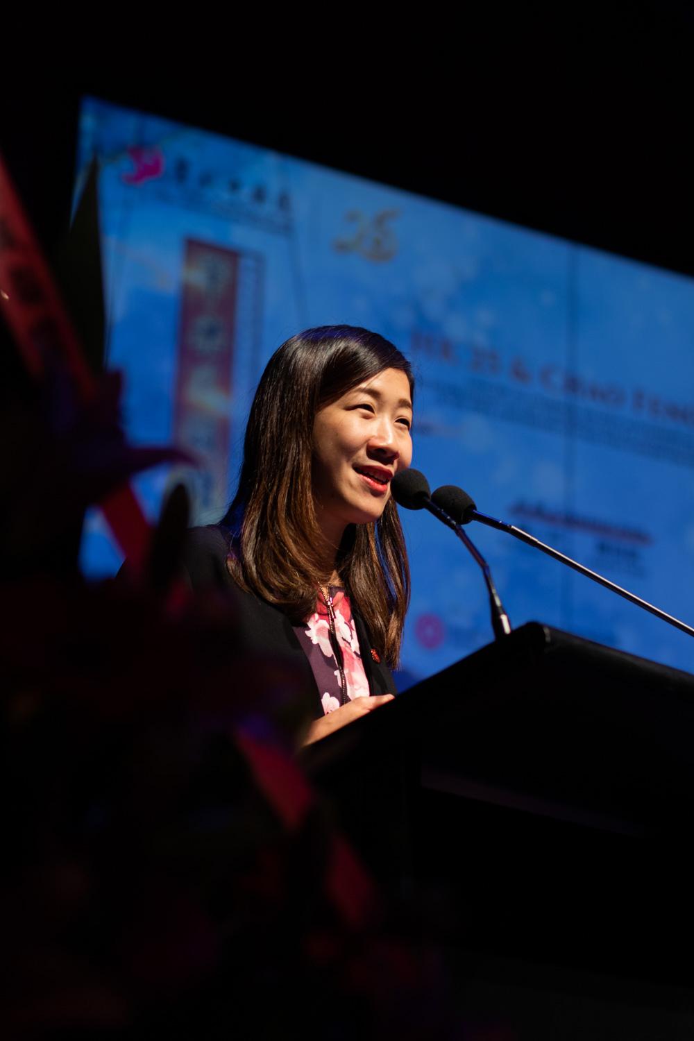 The Hong Kong Economic and Trade Office, Sydney (Sydney ETO), presented the "HK 25 & Chao Feng 40" Chinese music concert in Melbourne, Australia, yesterday (September 4) to celebrate the 25th anniversary of the establishment of the Hong Kong Special Administrative Region and promote traditional Chinese music. Photo shows the Director of the Sydney ETO, Miss Trista Lim, speaking at the opening of the concert.
