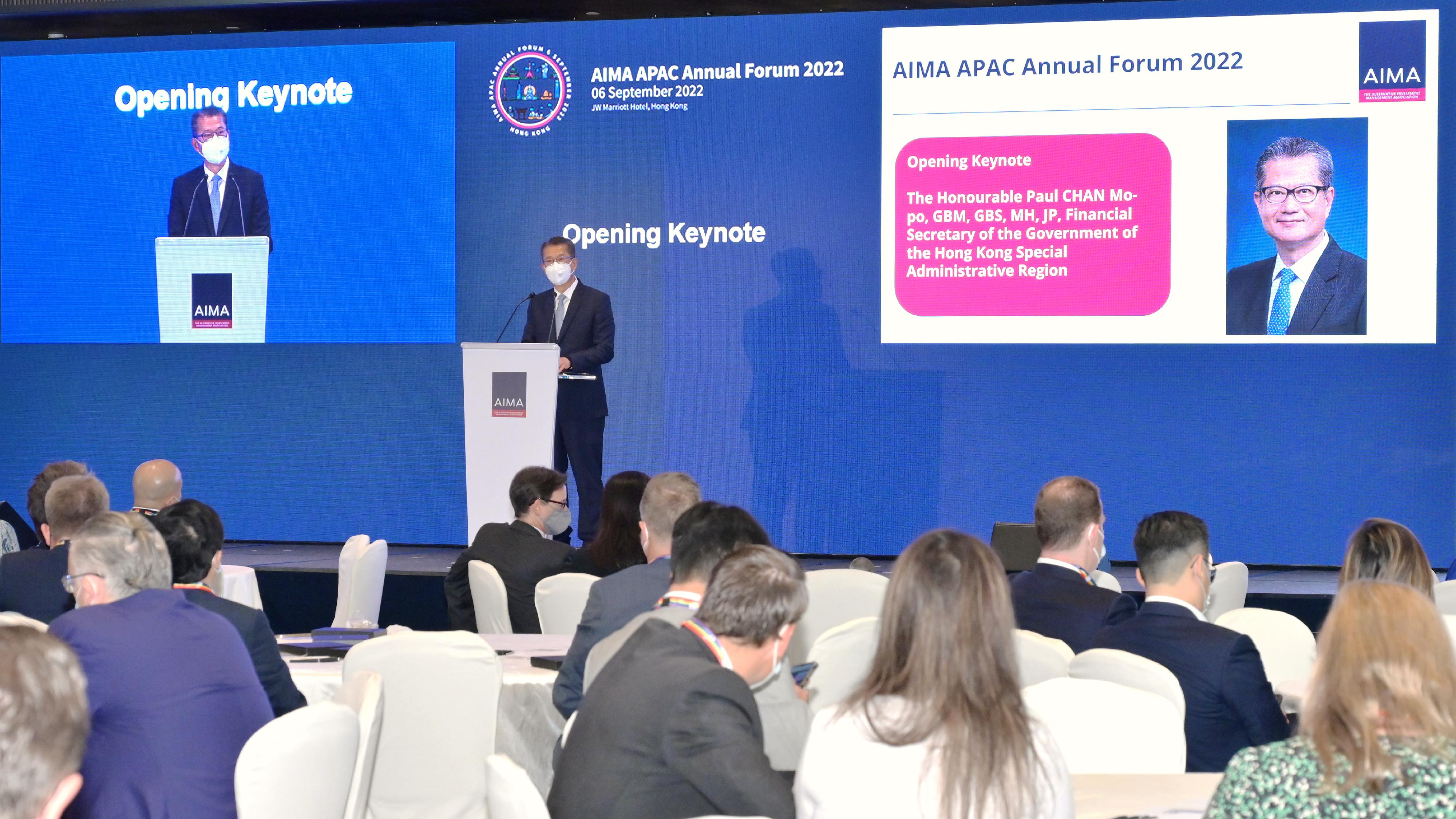 The Financial Secretary, Mr Paul Chan, speaks at the Alternative Investment Management Association Asia-Pacific Annual Forum 2022 this morning (September 6).