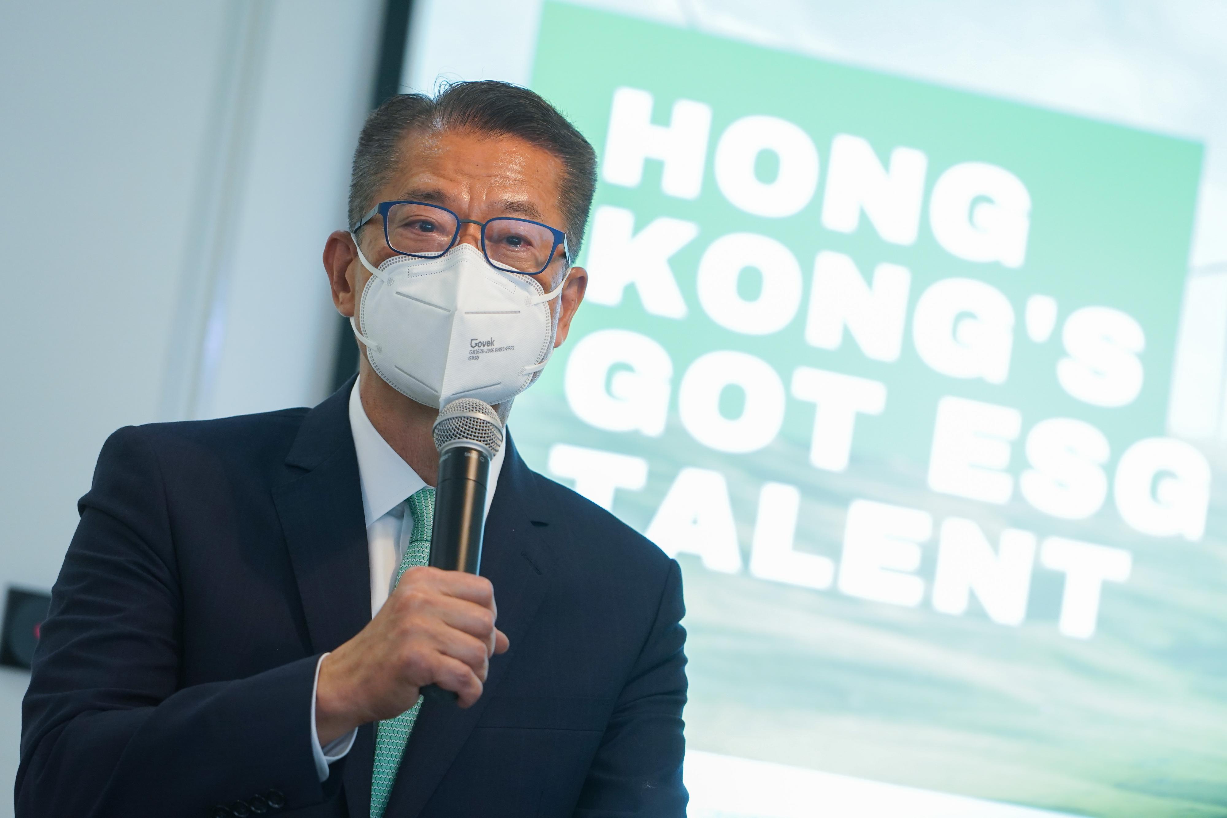 The Financial Secretary, Mr Paul Chan, speaks at the European Chamber of Commerce in Hong Kong Sustainable Finance Working Group Launch Event today (September 19).