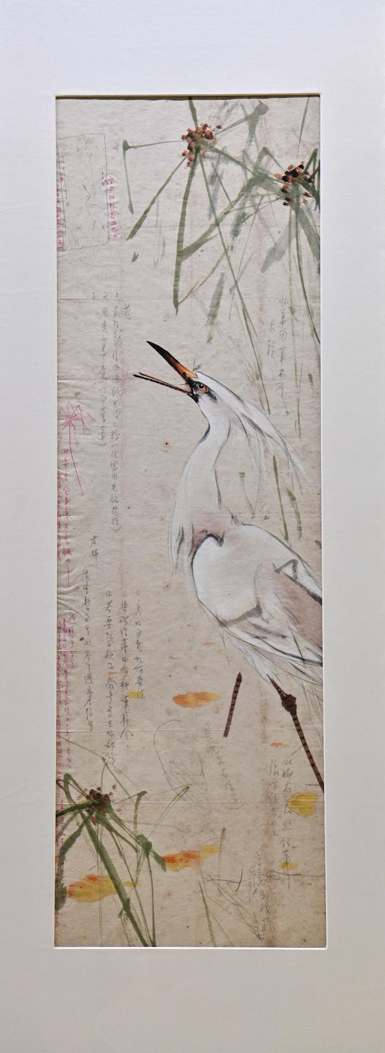 The exhibition "From a Distance: Art Dialogues between Chao Shao-an and Chin Kee" will be open to the public from tomorrow (September 21) at the Hong Kong Heritage Museum. Picture shows Chin Kee's painting assignment "Egret", with questions and answers between Chao Shao-an and Chin.