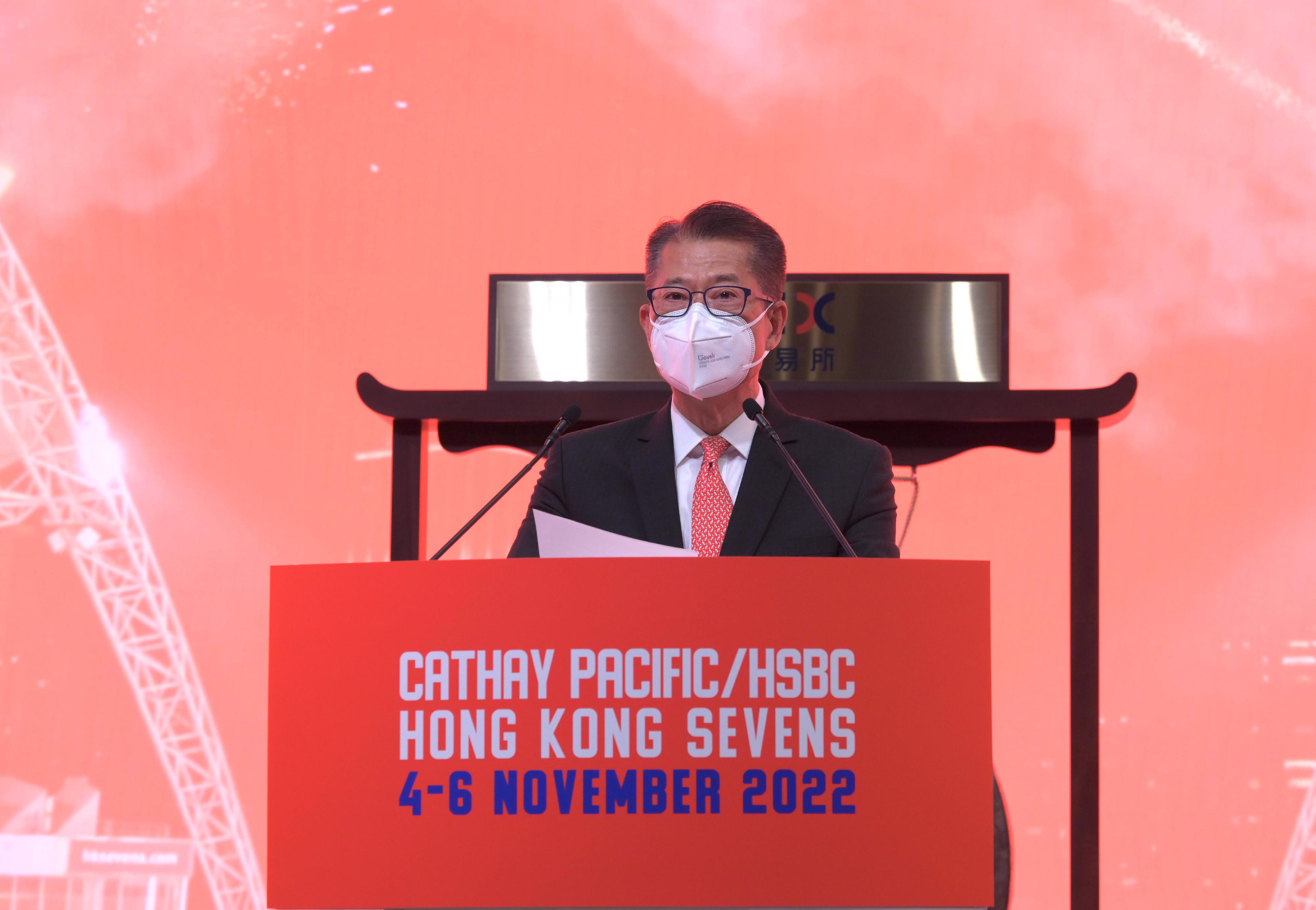 The Financial Secretary, Mr Paul Chan, speaks at the Hong Kong Rugby Sevens media briefing and celebration ceremony today (September 23).