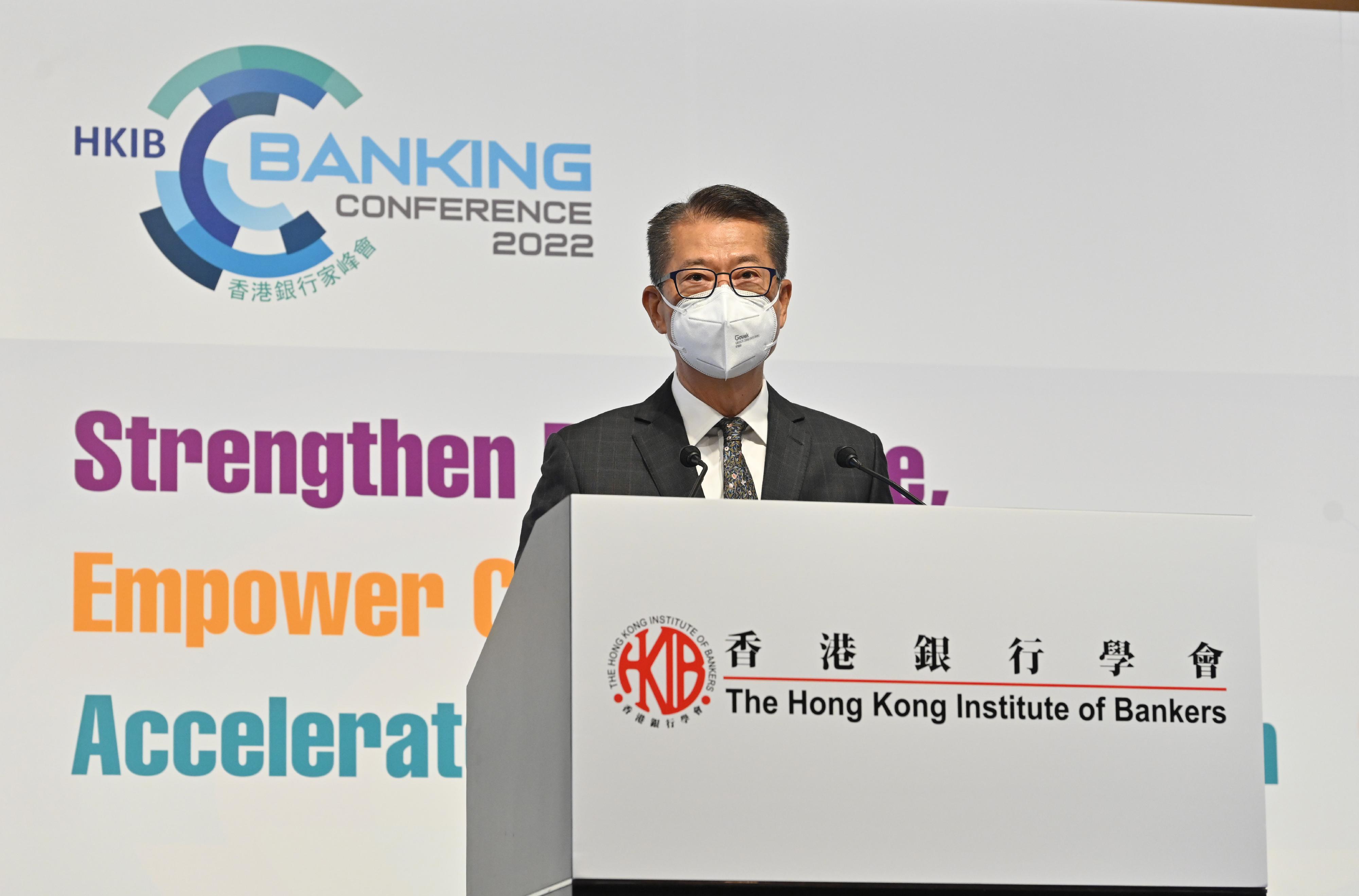 The Financial Secretary, Mr Paul Chan, speaks at the Hong Kong Institute of Bankers Annual Banking Conference 2022 today (September 27).