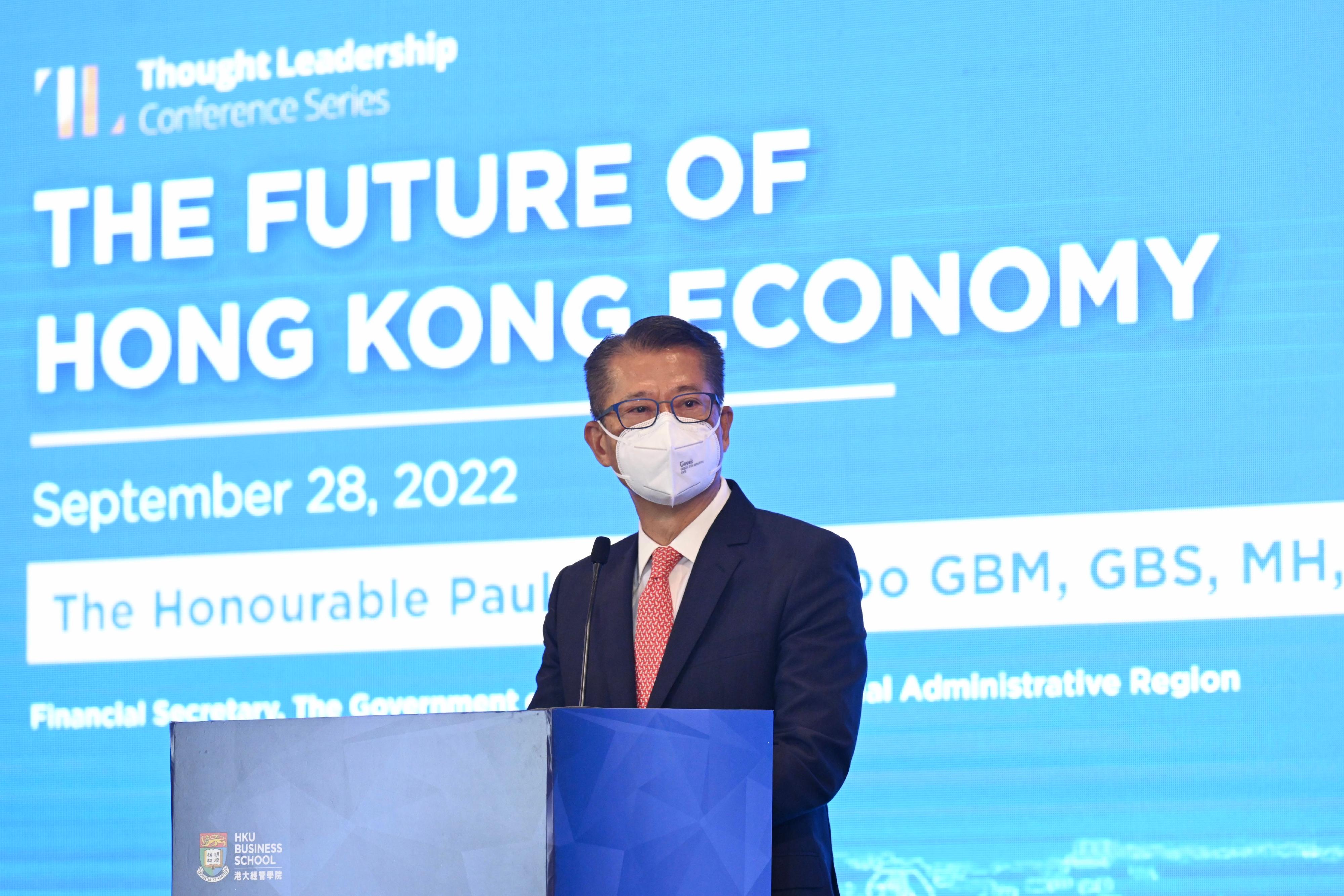 The Financial Secretary, Mr Paul Chan, speaks at the conference on "The Future of Hong Kong Economy" organised by the University of Hong Kong Business School today (September 28).
