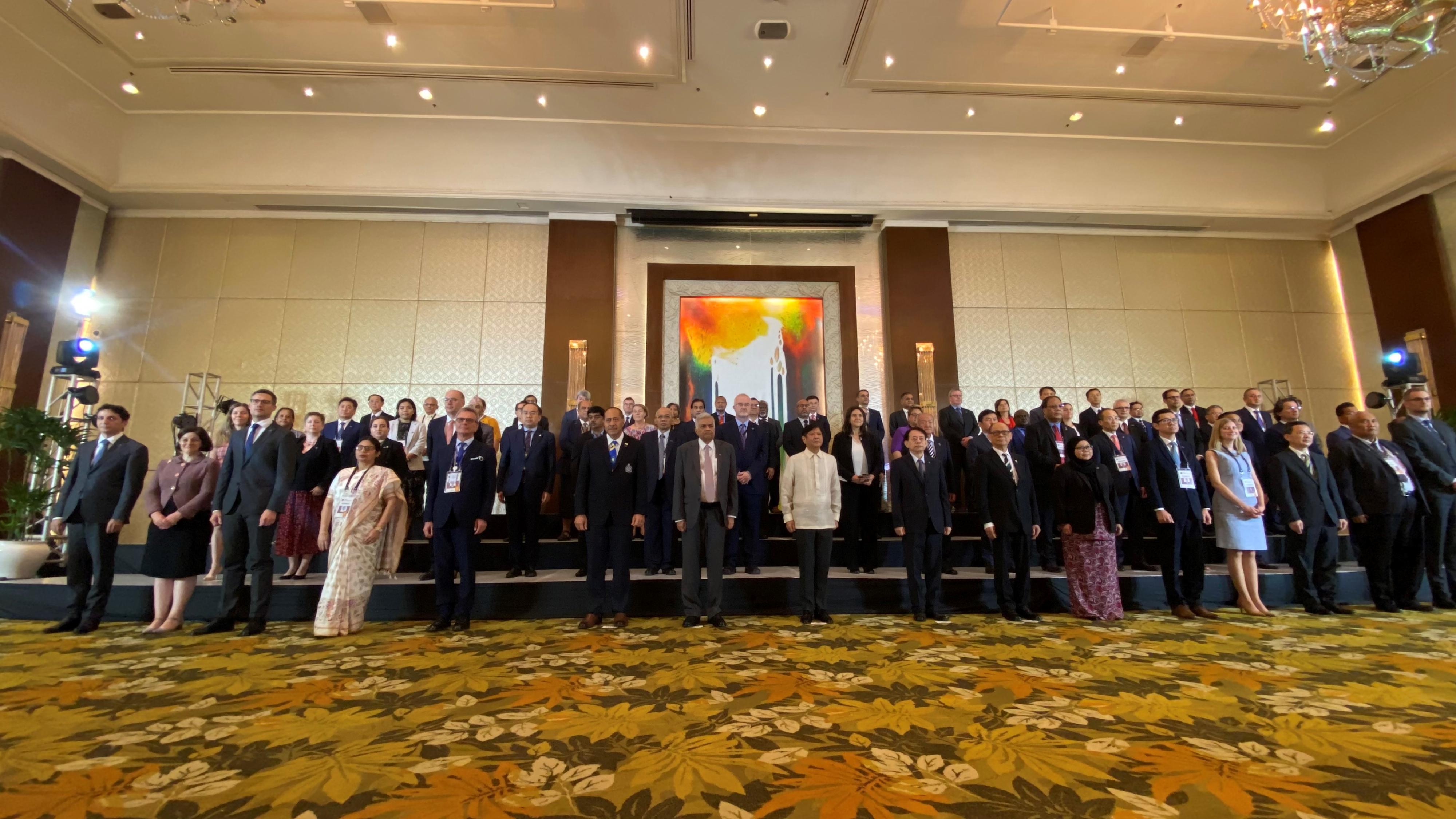The Secretary for Financial Services and the Treasury, Mr Christopher Hui, continued to attend the 55th Annual Meeting of the Board of Governors of the Asian Development Bank in Manila, the Philippines, today (September 29). Photo shows Mr Hui (second row, fifth left) with over 50 attending Governors or heads of delegation. The President of the Philippines, Mr Ferdinand Romualdez Marcos Jr (front row, eighth left) was also present.

