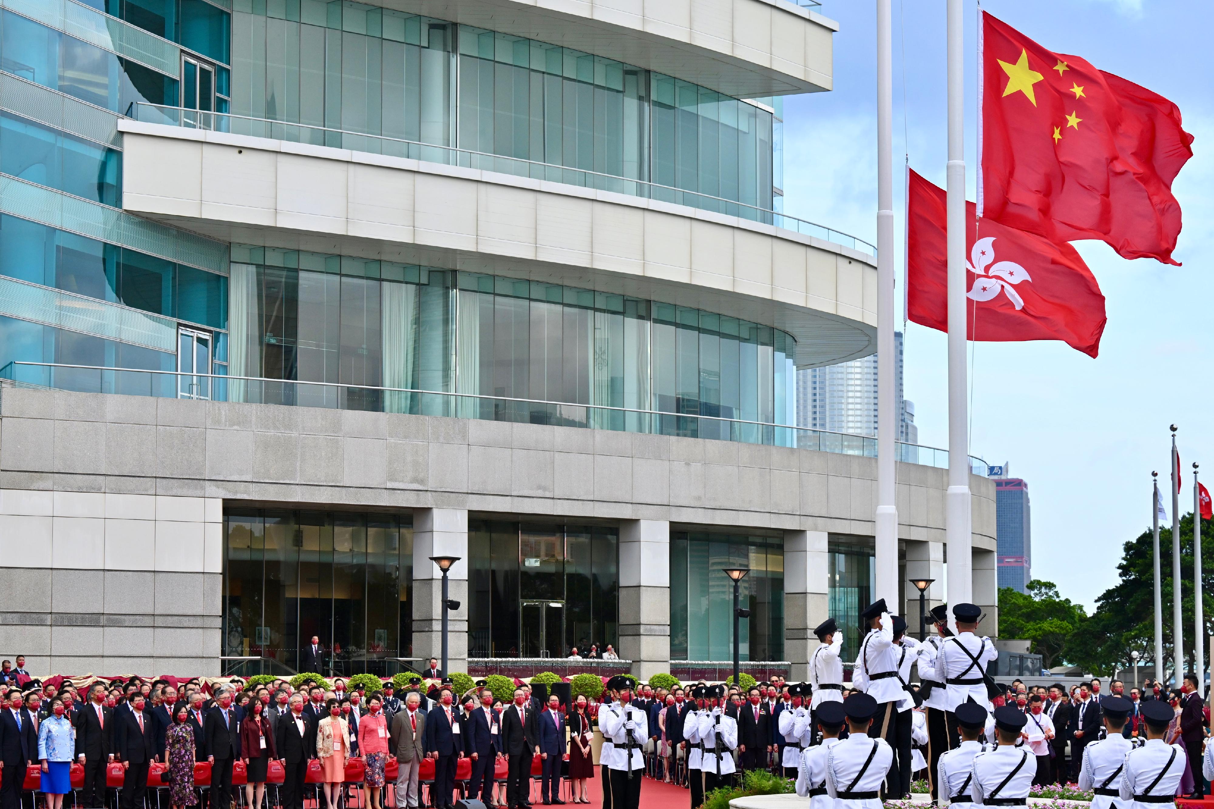The Chief Executive, Mr John Lee, together with Principal Officials and guests, attends the flag-raising ceremony for the 73rd anniversary of the founding of the People's Republic of China at Golden Bauhinia Square in Wan Chai this morning (October 1). Photo shows (front row, from first left) Deputy Director of the Liaison Office of the Central People's Government in the Hong Kong Special Administrative Region (HKSAR) Mr He Jing; Vice-Chairman of the National Committee of the Chinese People's Political Consultative Conference Mr C Y Leung, and his wife, Mrs Regina Leung; Mr Lee and his wife Mrs Lee; the Chief Justice of the Court of Final Appeal, Mr Andrew Cheung Kui-nung, and his wife; former Chief Executive Mr Donald Tsang and his wife, Mrs Selina Tsang; former Chief Executive Mrs Carrie Lam and her husband, Mr Lam Siu-por; the Chief Secretary for Administration, Mr Chan Kwok-ki; the Financial Secretary, Mr Paul Chan; and the Secretary for Justice, Mr Paul Lam, SC, and other guests attending the ceremony.