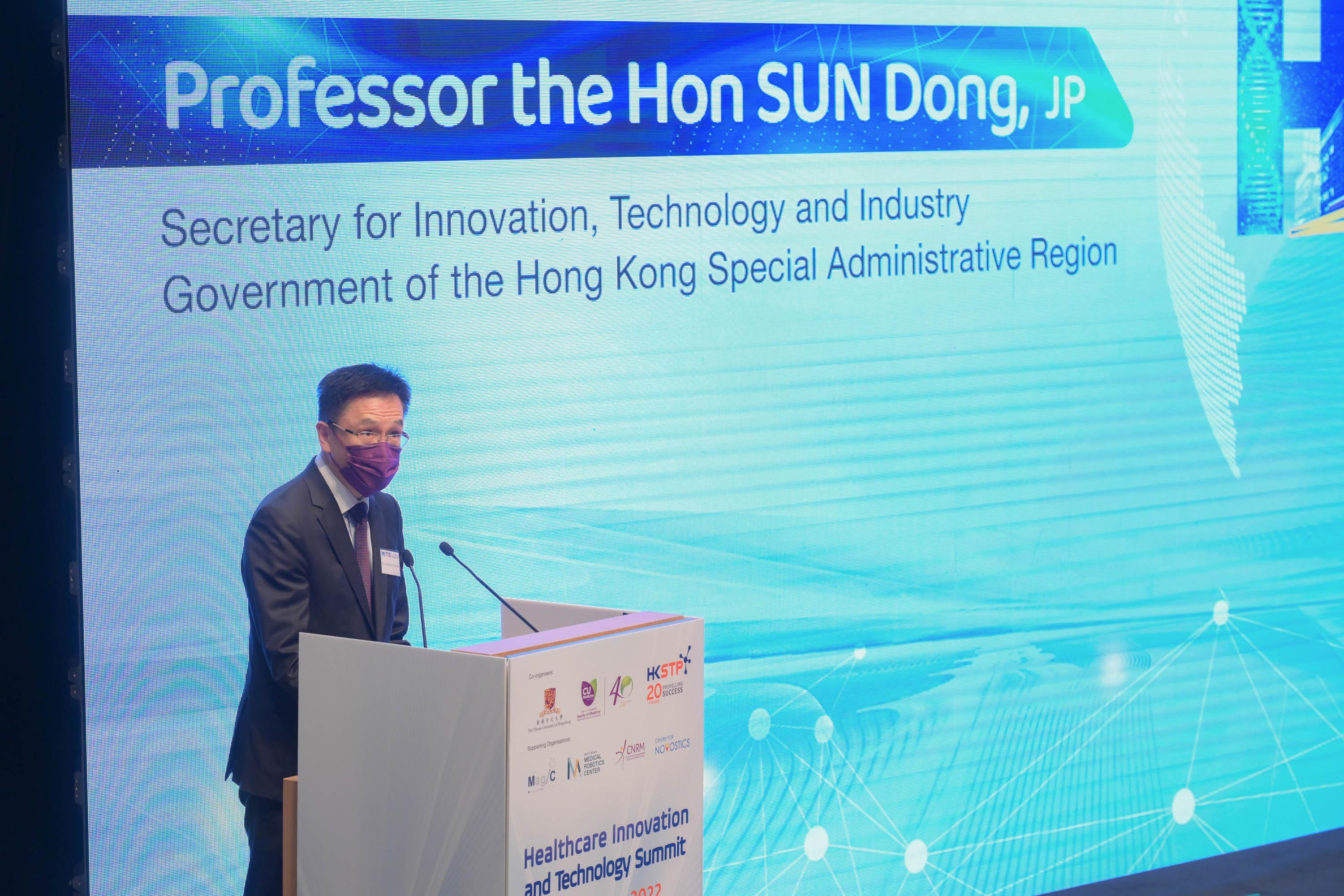 The Secretary for Innovation, Technology and Industry, Professor Sun Dong, delivers opening address at the Healthcare Innovation and Technology Summit 2022 today (October 14).