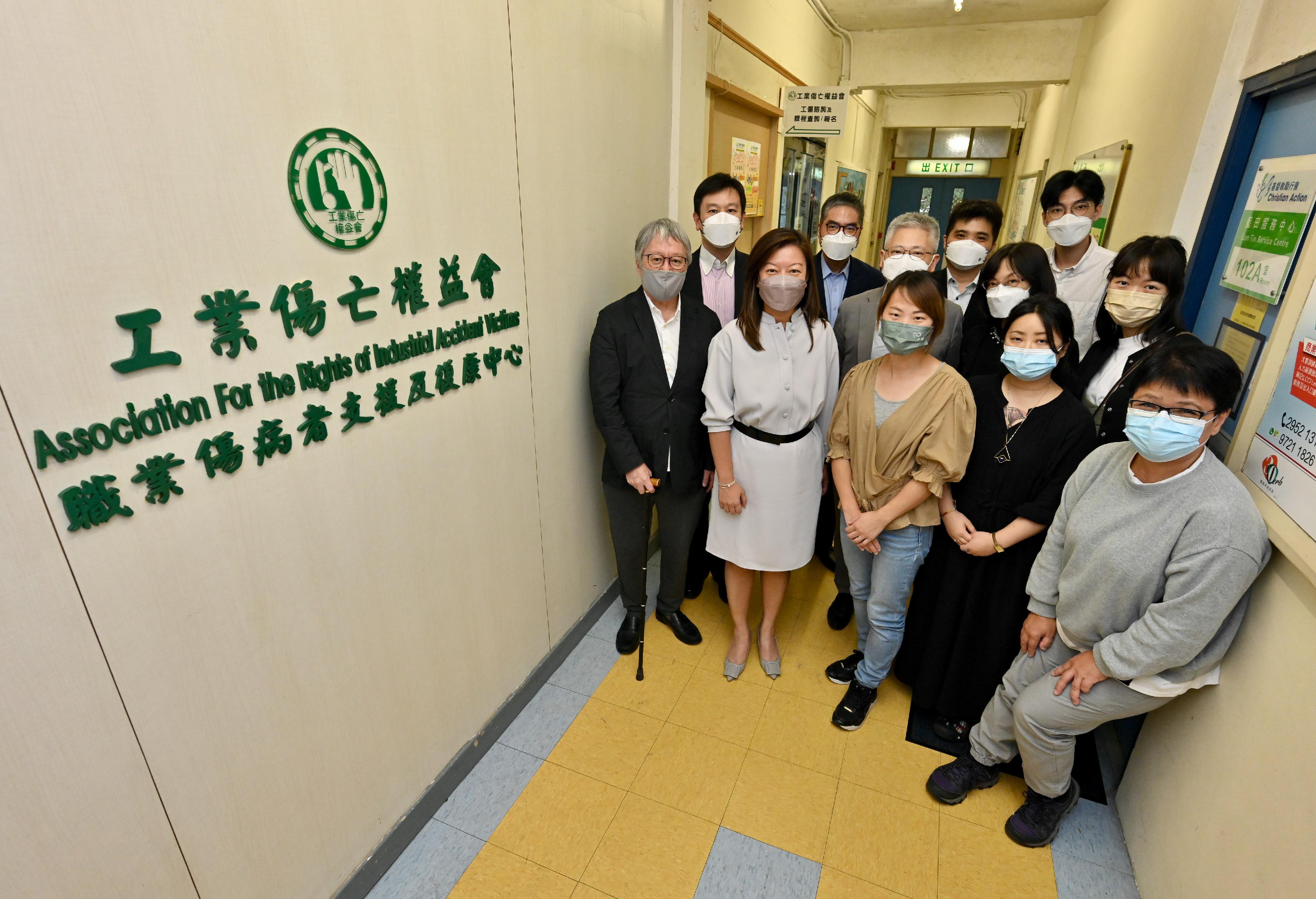 The Commissioner for Labour, Ms May Chan, has visited a number of labour organisations and employer associations in the past month to strengthen communication and engagement with employees and employers. Picture shows Ms Chan (front row, second left) visiting the Association for the Rights of Industrial Accident Victims. 