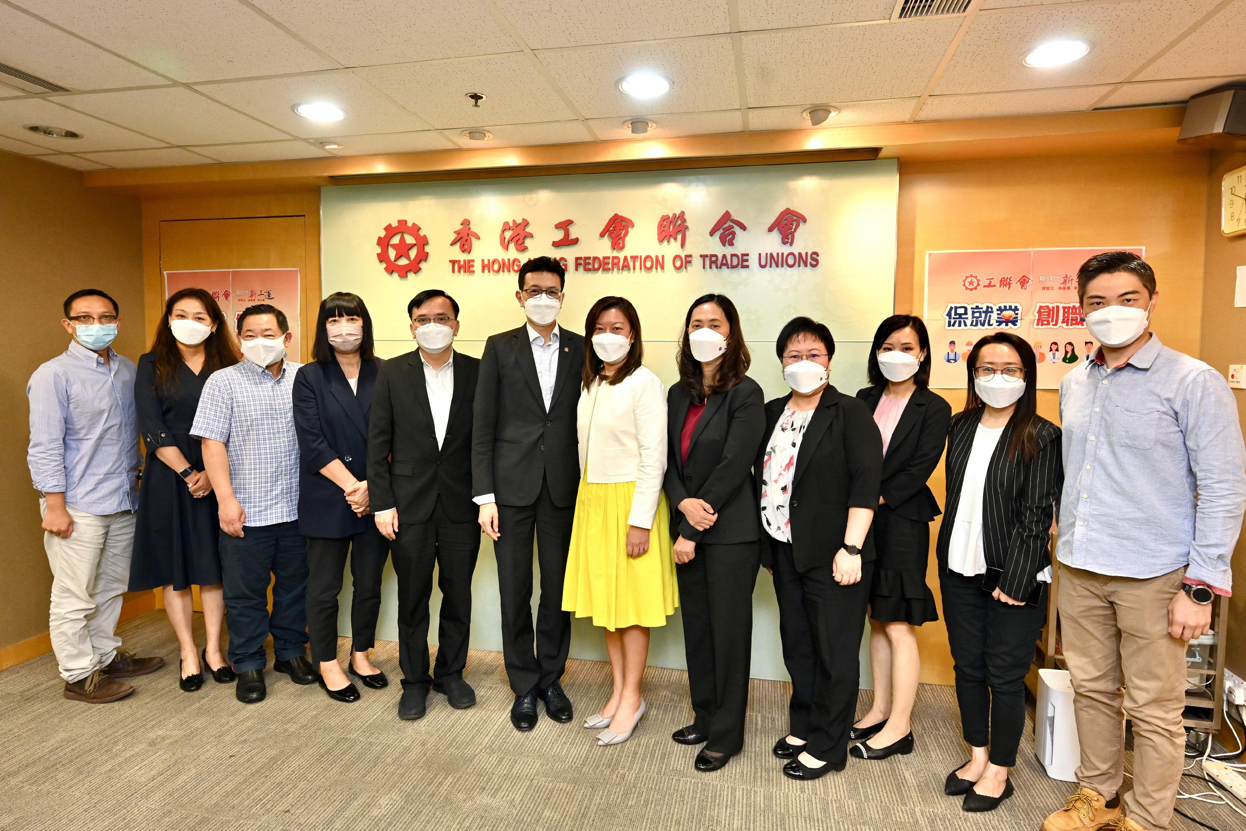 The Commissioner for Labour, Ms May Chan, has visited a number of labour organisations and employer associations in the past month to strengthen communication and engagement with employees and employers. Picture shows Ms Chan (sixth right) visiting the Hong Kong Federation of Trade Unions. 