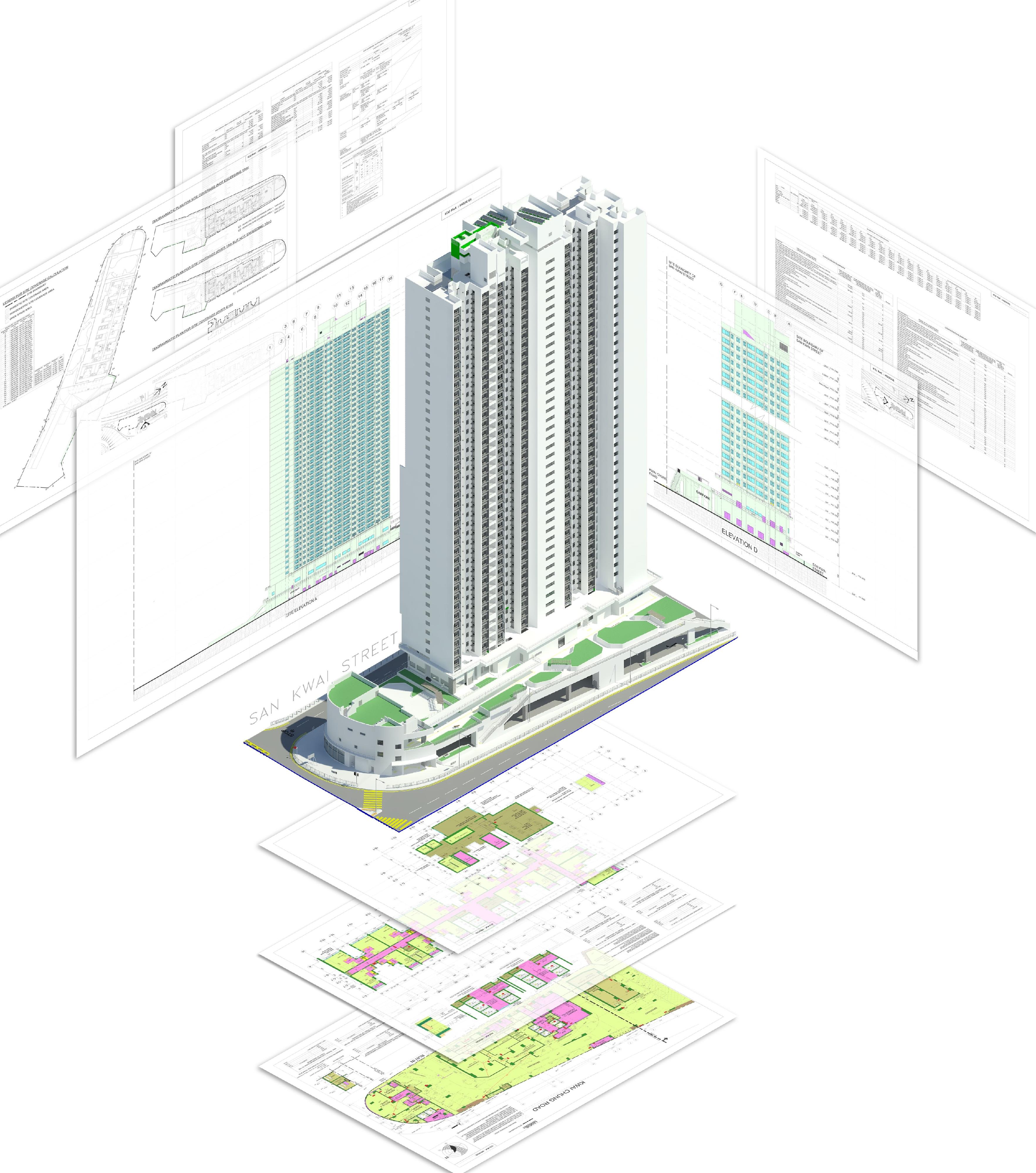香港房屋委员会项目「建筑信息模拟新里程——成功呈交与审批法定图则」在建造业议会建筑信息模拟成就嘉许礼2022获颁项目奖。该项目以建筑信息模拟制作建筑图则作法定审批，是建造业界应用建筑信息模拟的其中一项最重要的领域。图示以建筑信息模拟制作的新葵街公营房屋发展项目建筑图则。