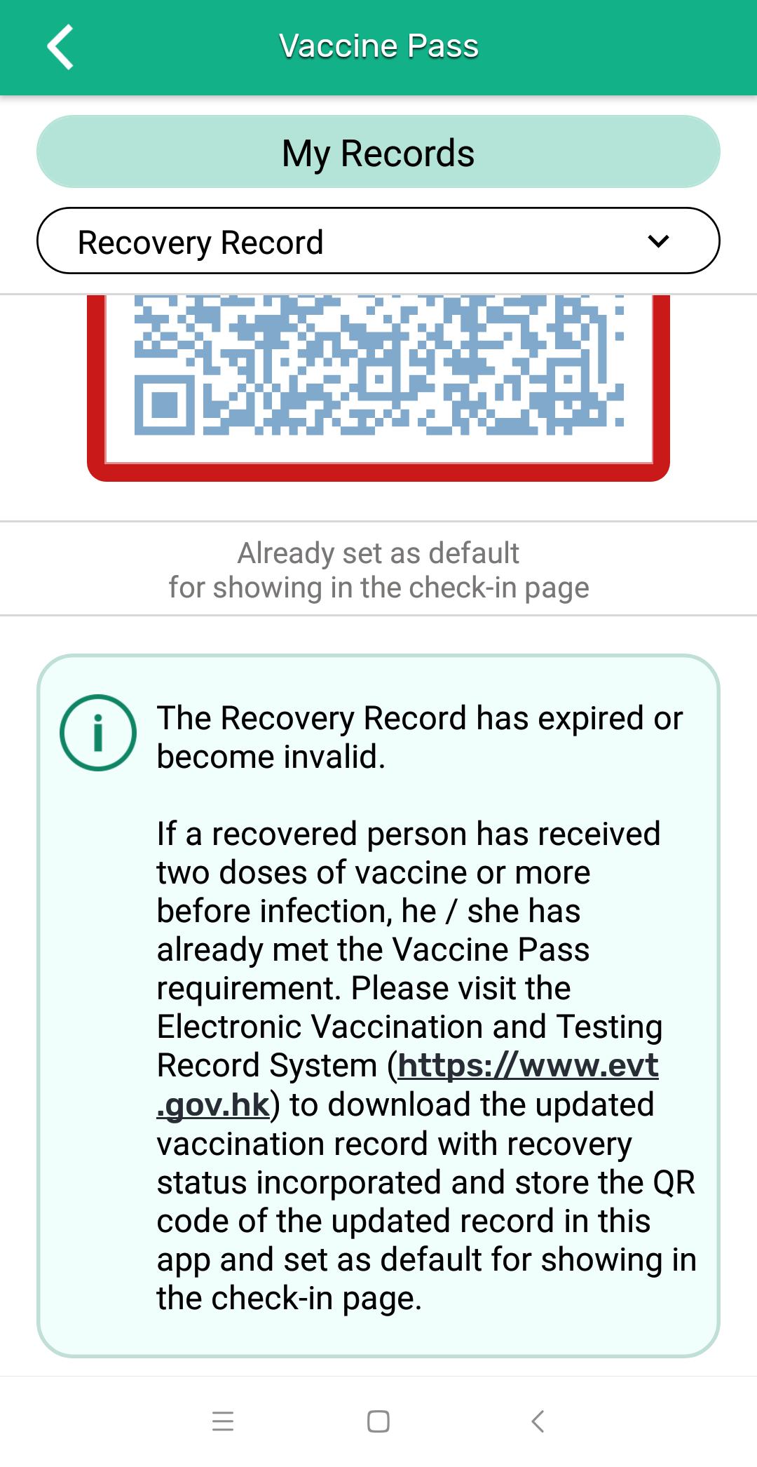 A new automatic reminder function has been added to the "LeaveHomeSafe" mobile app today (October 31), if users have tested positive for COVID-19 and set the recovery record QR code as their Vaccine Pass, the app will remind them to update their vaccination records after the recovery record has expired or becomes invalid.