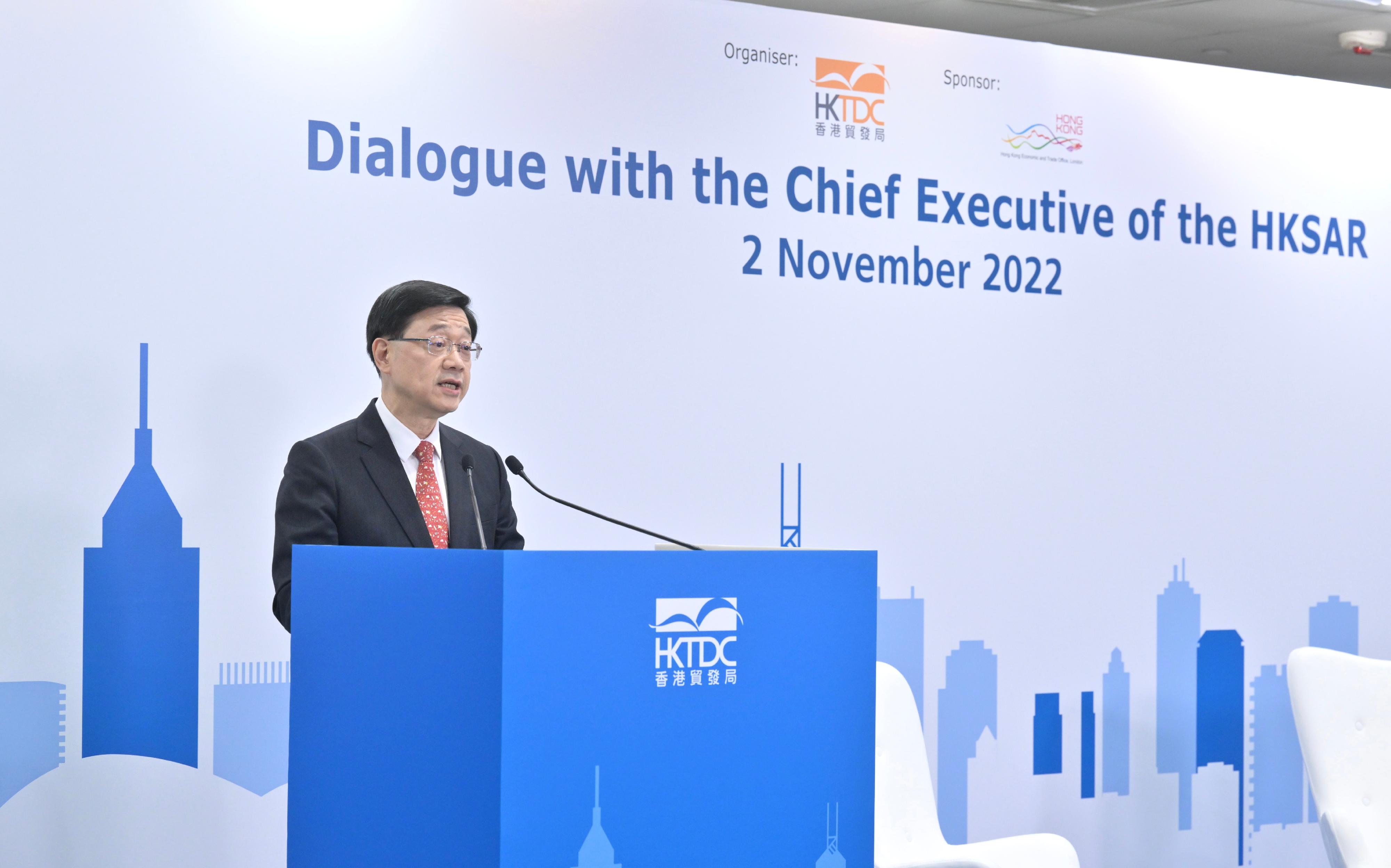 The Chief Executive, Mr John Lee, speaks at the "Dialogue with the Chief Executive of the HKSAR" webinar organised by the Hong Kong Trade Development Council today (November 2).