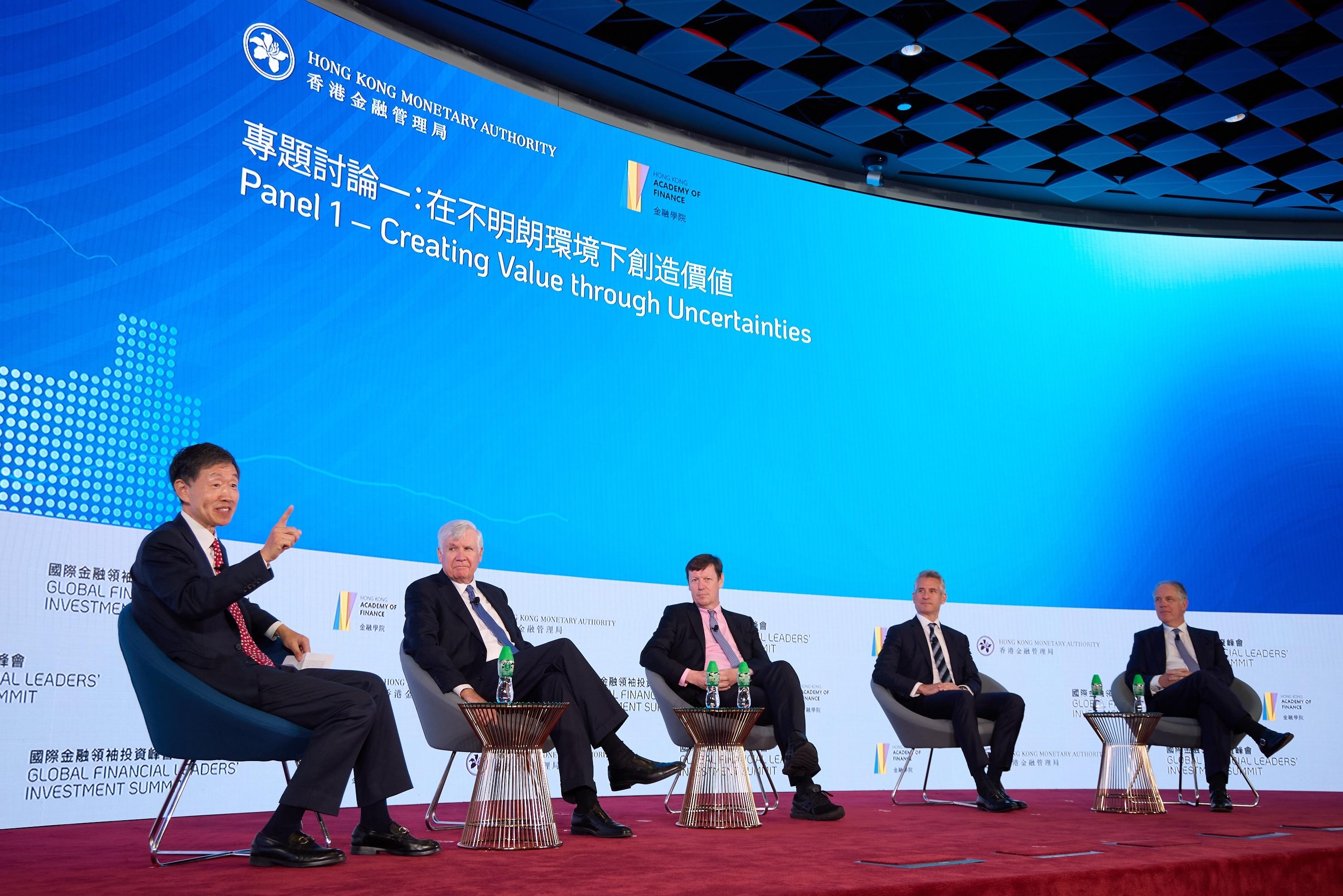 In the first panel discussion at the "Conversations with Global Investors" seminar of the Global Financial Leaders' Investment Summit today (November 3), (from left) Executive Chairman of PAG Mr Shan Weijan; Co-Founder, Interim CEO, and Co-Chairman of Carlyle Mr William E. Conway, Jr.; CEO of Man Group Mr Luke Ellis; Group Head of Macquarie Asset Management Mr Ben Way; and Co-President of Apollo Asset Management Mr Jim Zelter, share their views on how to create value through uncertainties.
