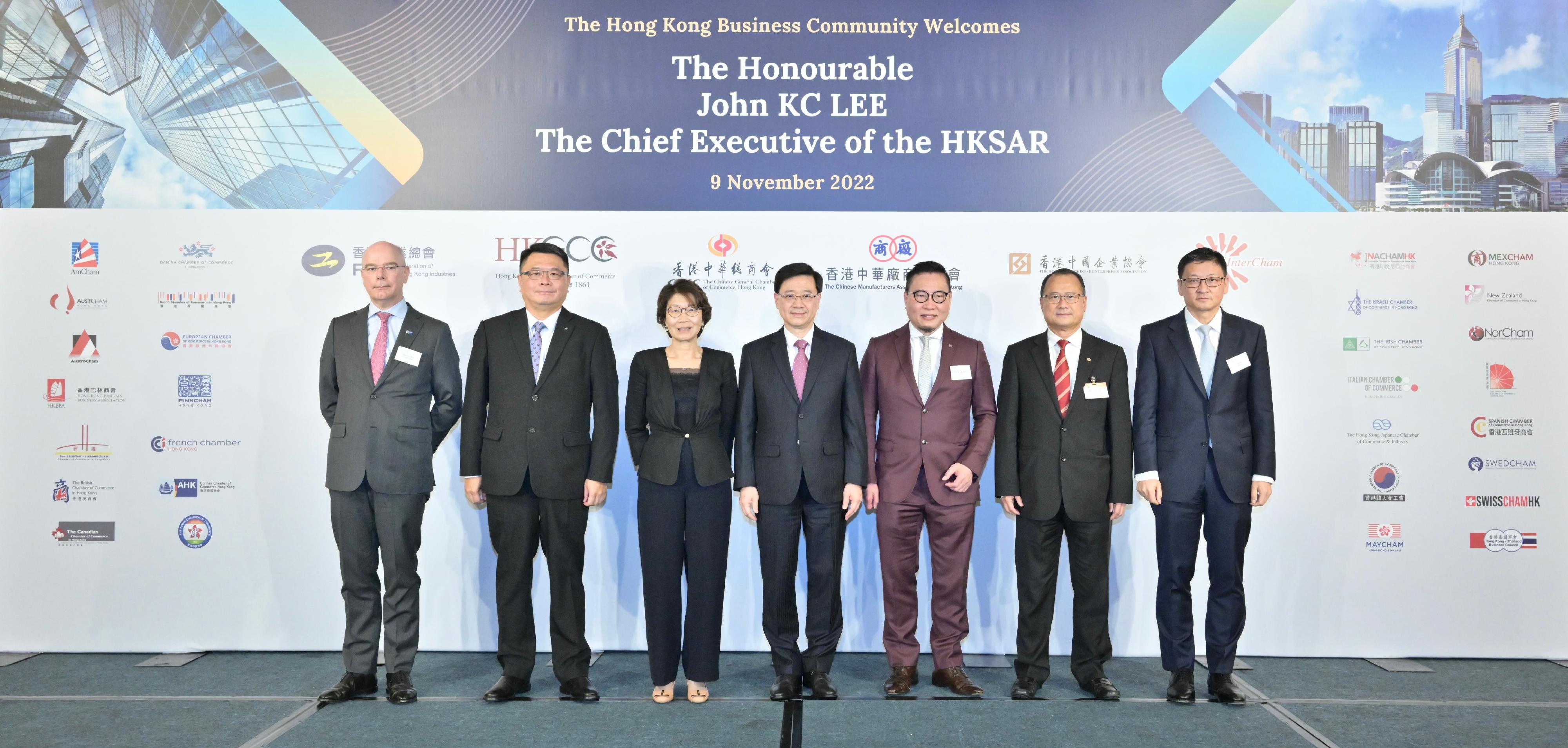 The Chief Executive, Mr John Lee, attended the Joint Business Community Luncheon today (November 9). Photo shows (from left) the President of the German Chamber of Commerce, Hong Kong, Mr Johannes Hack; the Chairman of the Federation of Hong Kong Industries, Dr Sunny Chai; the Chairman of the Hong Kong General Chamber of Commerce, Mrs Betty Yuen; Mr Lee; the President of the Chinese Manufacturers' Association of Hong Kong, Dr Allen Shi; the Chairman of the Chinese General Chamber of Commerce, Hong Kong, Dr Jonathan Choi; and Honorary Chairman of the Hong Kong Chinese Enterprises Association Mr Sun Yu at the event. 