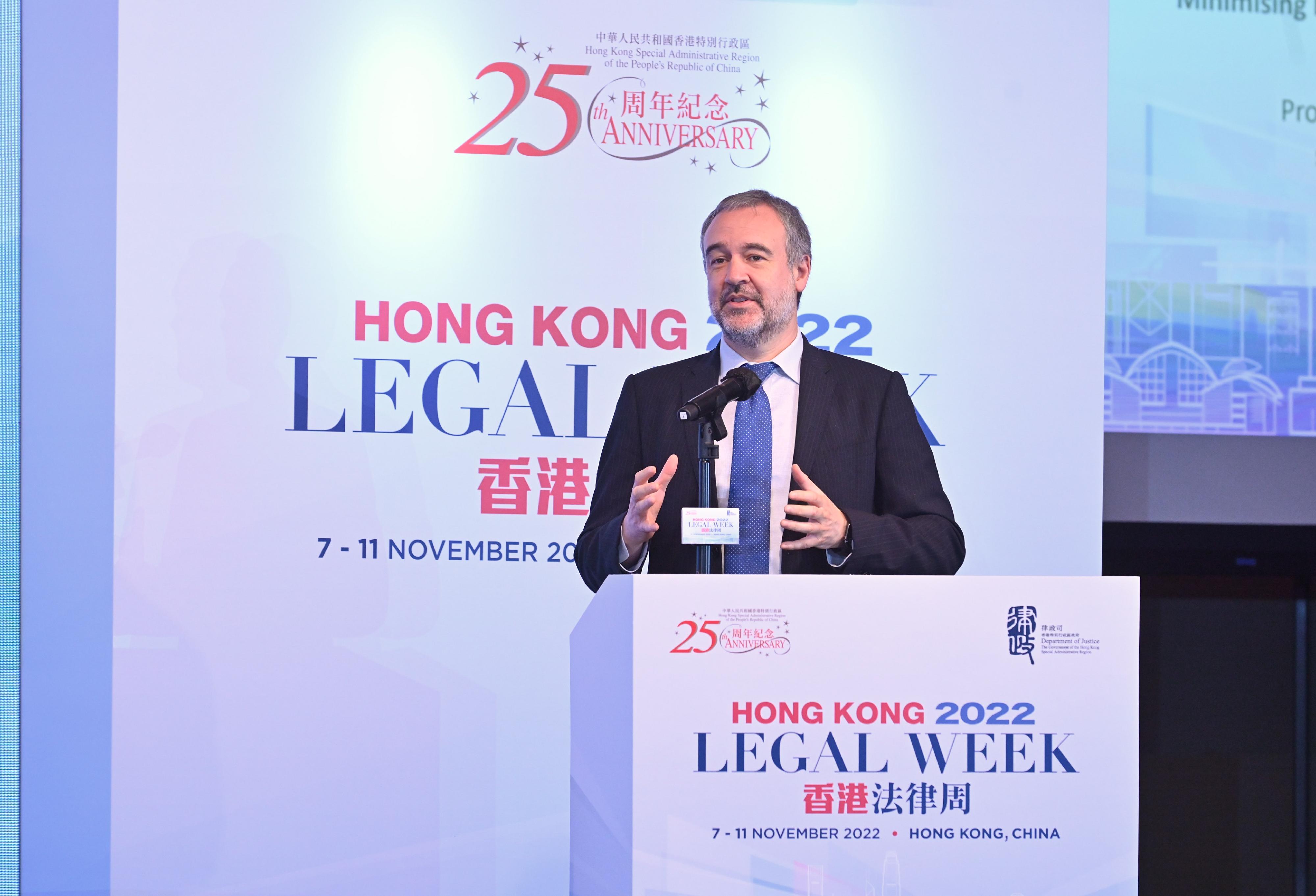 國際統一私法協會秘書長Ignacio Tirado教授今日（十一月九日）在香港法律周2022——「東盟網上爭議解決工作坊：網上爭議解決可促進東盟及香港企業的跨境貿易和投資」致辭。