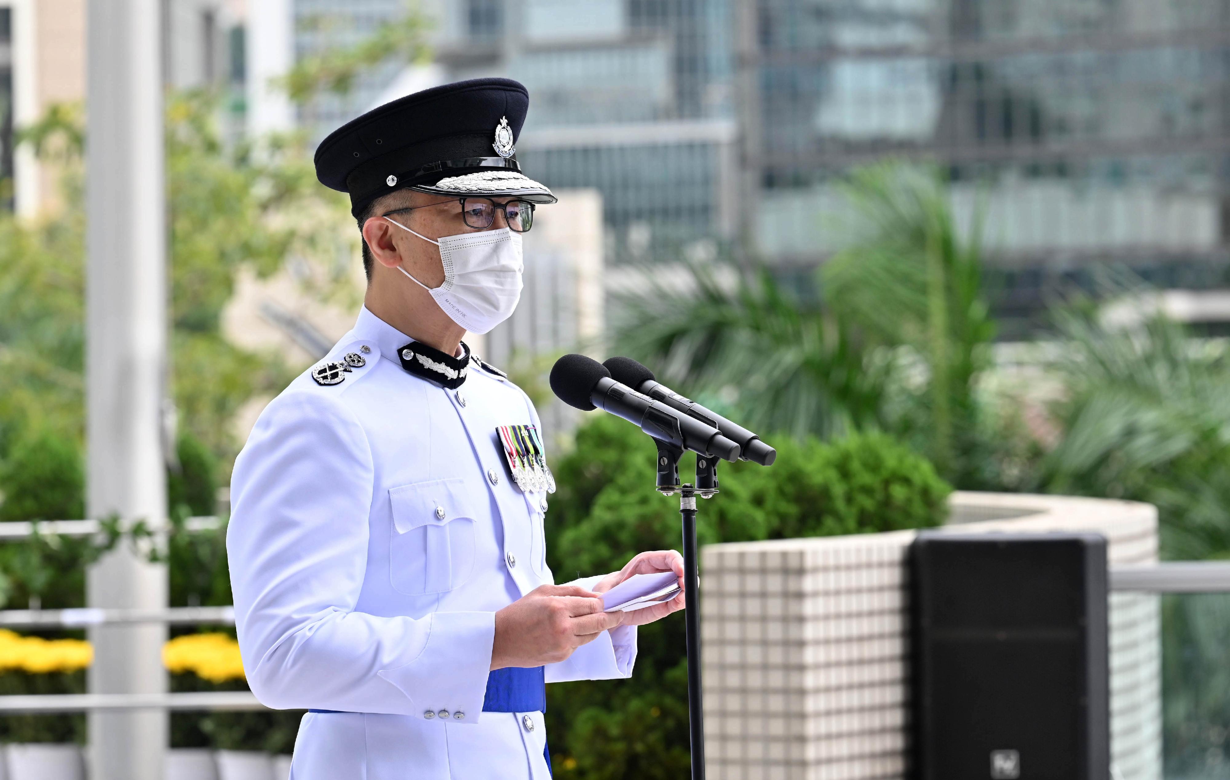 The Hong Kong Police Force holds a ceremony at the Police Headquarters this morning (November 11) to pay tribute to members of the Hong Kong Police Force and Hong Kong Auxiliary Police Force who have given their lives in the line of duty. Photo shows the Commissioner of Police, Mr Siu Chak-yee, giving a speech at the ceremony.