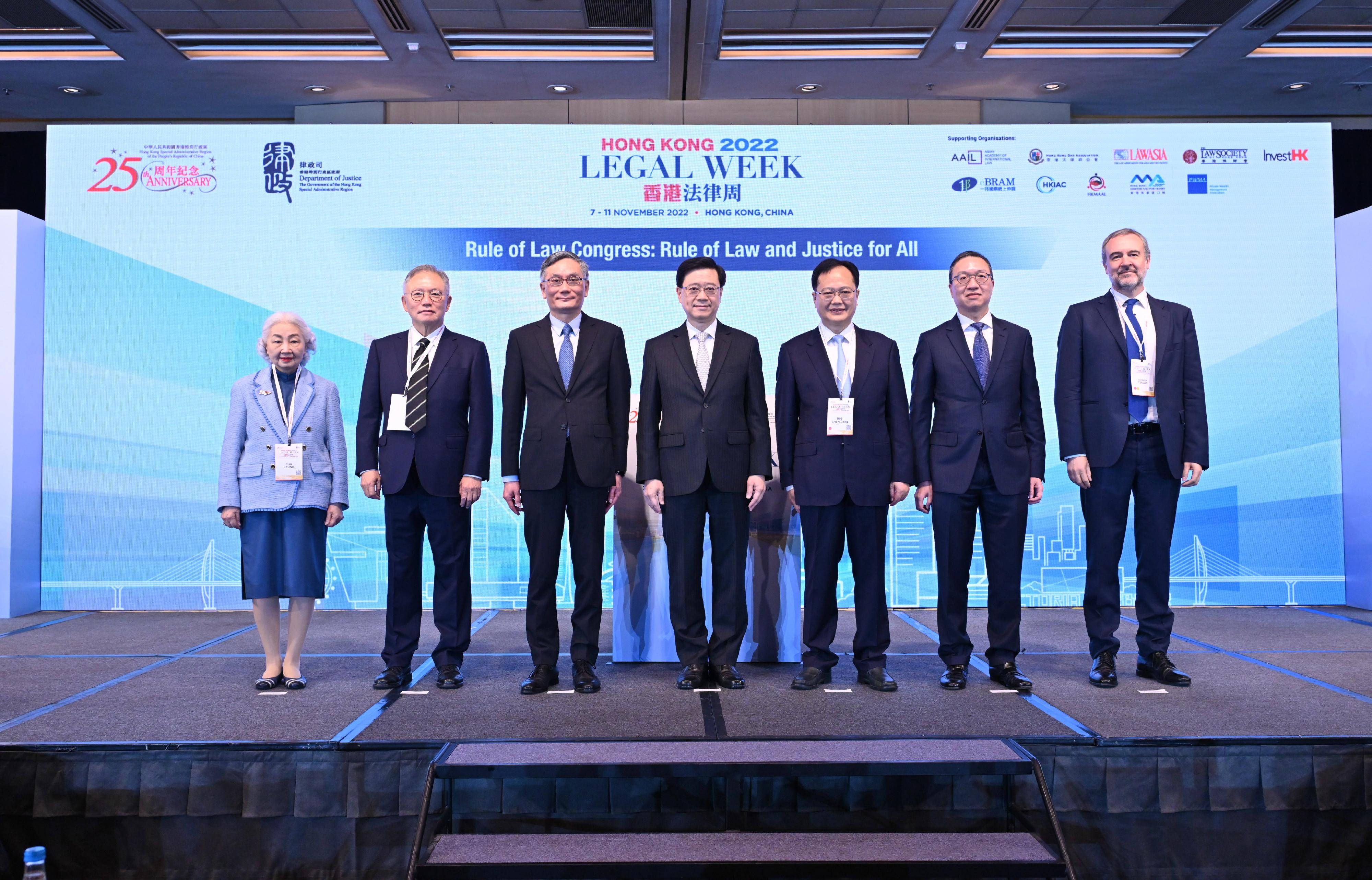 The Chief Executive, Mr John Lee, attended the Rule of Law Congress: Rule of Law and Justice for All under Hong Kong Legal Week 2022 today (November 11). Photo shows (from left) former Vice-chairperson of the Hong Kong Special Administrative Region (HKSAR) Basic Law Committee of the Standing Committee of the National People's Congress Miss Elsie Leung; Non-Permanent Judge of the Court of Final Appeal Mr Justice Robert Tang; the Chief Justice of the Court of Final Appeal, Mr Andrew Cheung Kui-nung; Mr Lee; Deputy Director of the Liaison Office of the Central People's Government in the HKSAR Mr Chen Dong; the Secretary for Justice, Mr Paul Lam, SC; and the Secretary-General of the International Institute for the Unification of Private Law, Professor Ignacio Tirado, at the event.