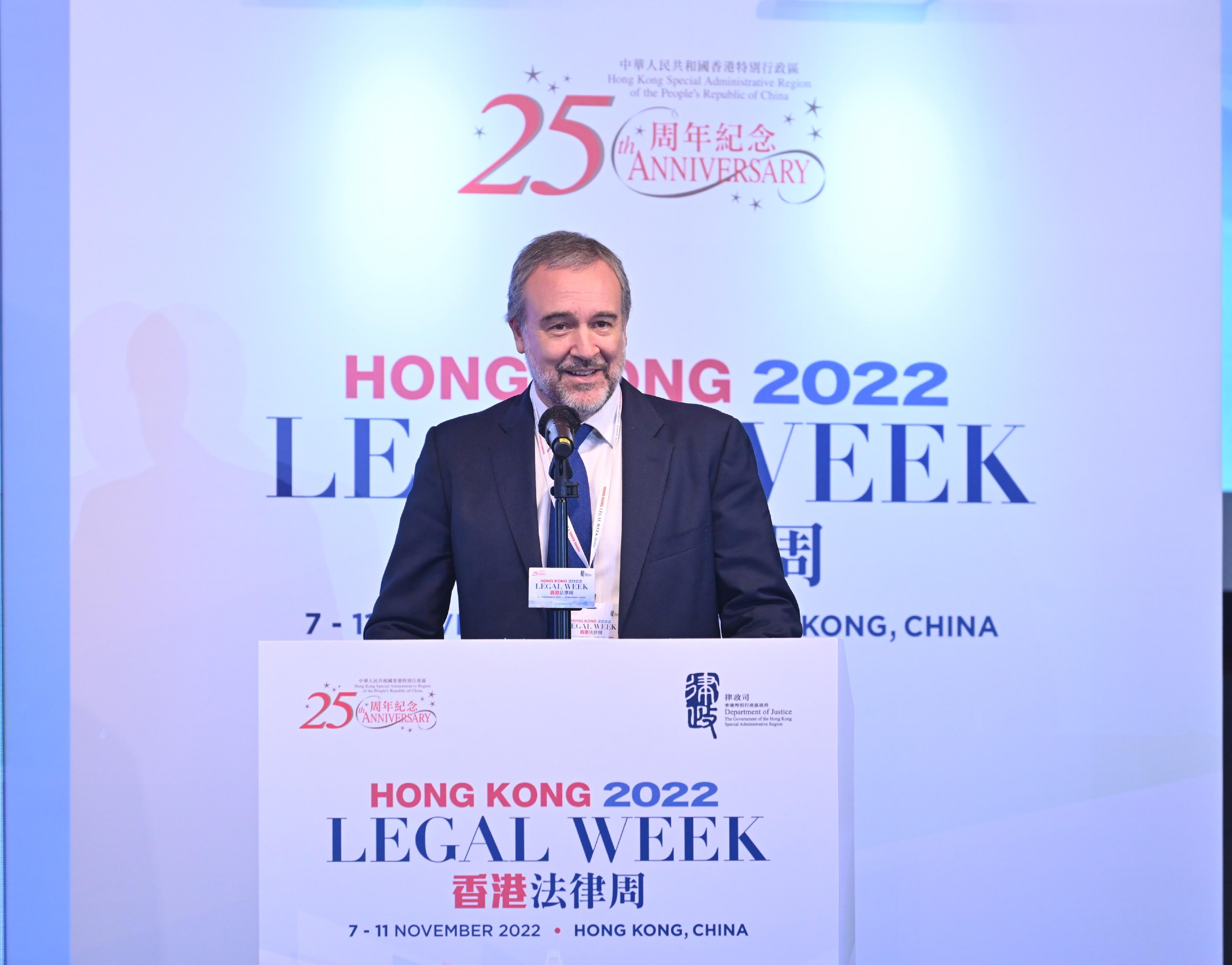 The Secretary-General of the International Institute for the Unification of Private Law, Professor Ignacio Tirado, speaks at the opening of Rule of Law Congress: Rule of Law and Justice for All under Hong Kong Legal Week 2022 today (November 11).
