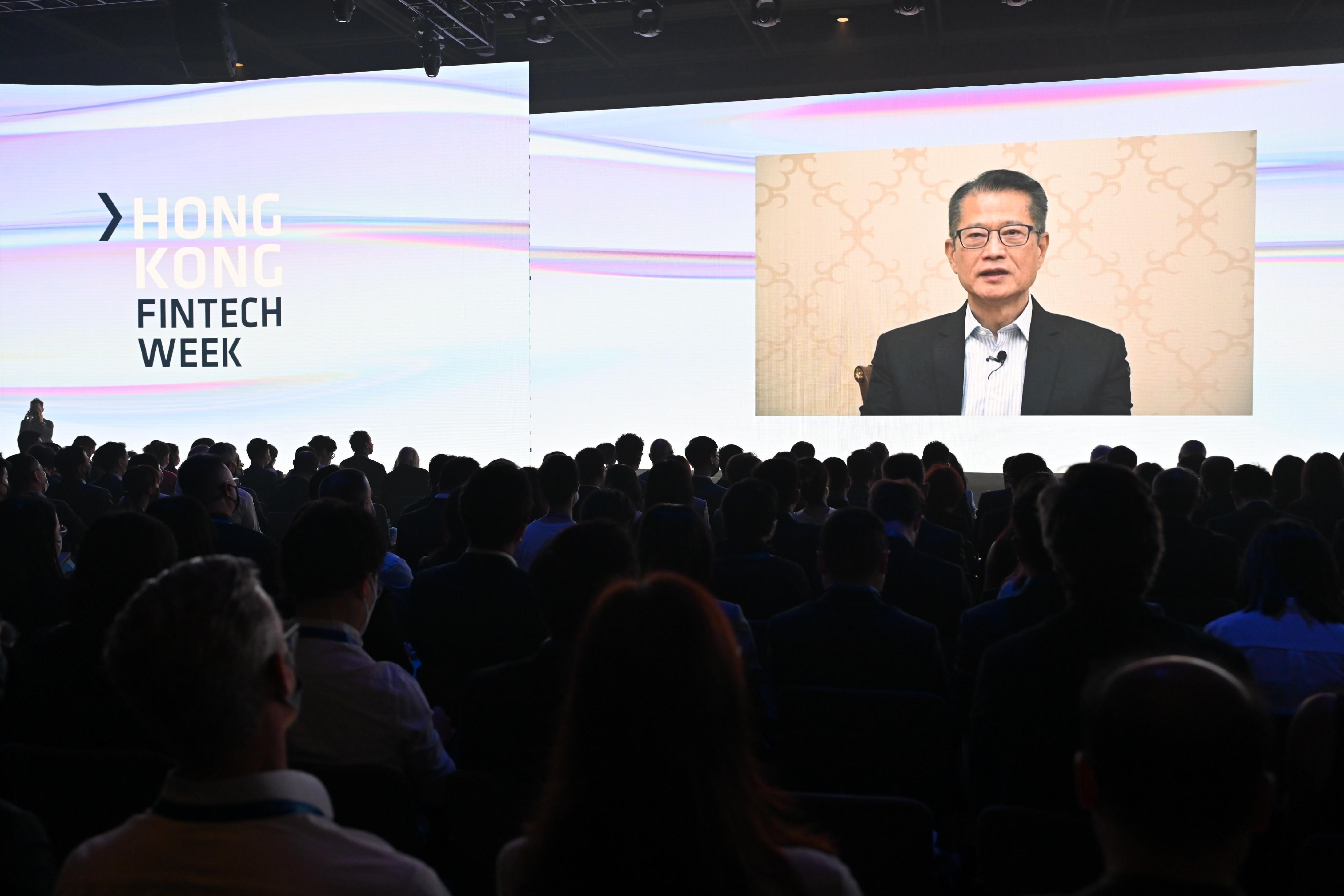 The five-day Hong Kong FinTech Week 2022 attracted over 30 000 visitors and more than five million online views from over 95 economies. Photo shows the Financial Secretary, Mr Paul Chan, sharing opening remarks in a pre-recorded video on October 31, in which he highlighted the rapid growth of Hong Kong's fintech sector in recent years.