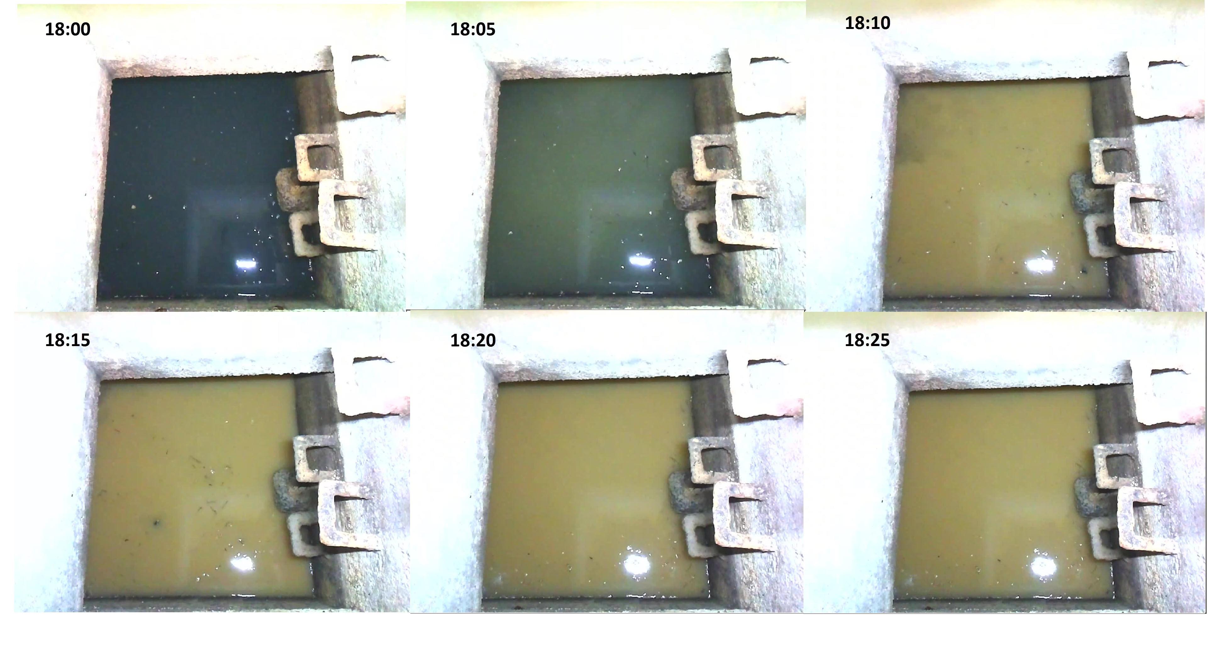 The Environmental Protection Department conducts real-time surveillance of the public drainage system with its smart surveillance system. Photo shows a video capture of the system, which reveals the wastewater colour changing at an underground manhole at different times, indicating an unusual discharging situation. The smart system will notify enforcement officers immediately once an unusual discharge is found.