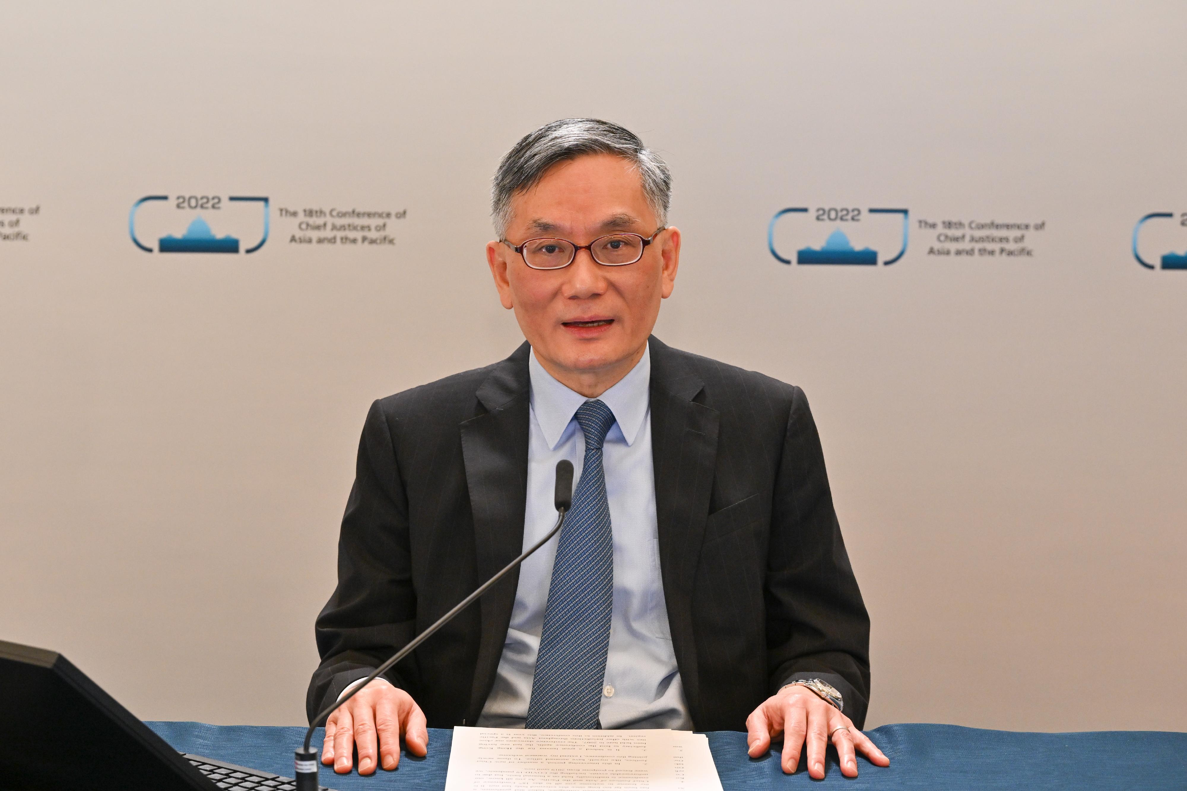 The Judiciary of the Hong Kong Special Administrative Region of the People’s Republic of China is hosting the 18th Conference of Chief Justices of Asia and the Pacific via video-conferencing today and tomorrow (November 16 and 17). Photo shows the Chief Justice of the Court of Final Appeal, Mr Andrew Cheung Kui-nung, addressing the conference today.