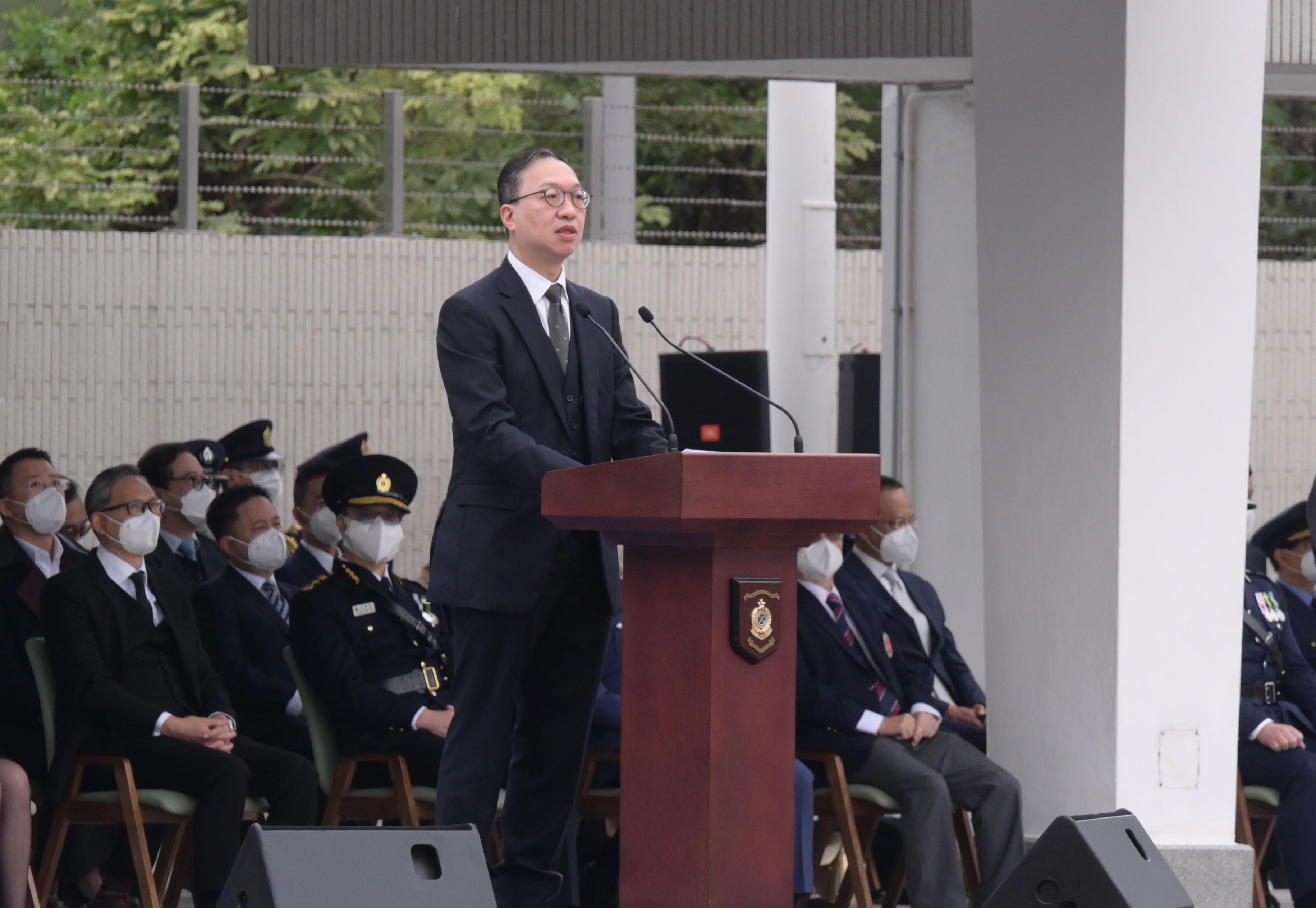 The Security Bureau held the Flag Raising Ceremony to Commemorate 40th Anniversary of Constitution today (December 4). Photo shows the Secretary for Justice, Mr Paul Lam, SC, addressing the flag raising ceremony.