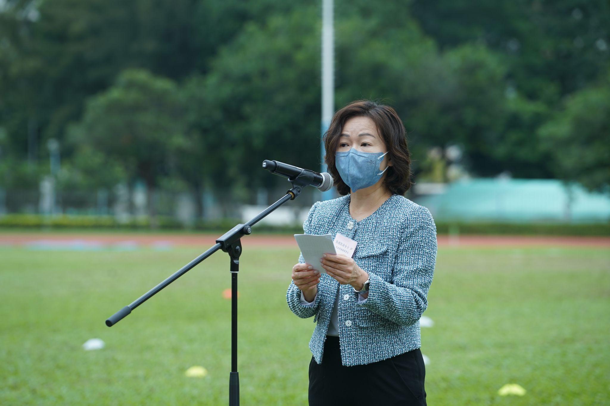 With the aim of enhancing different social sectors' awareness of the Constitution and promoting the constitutional spirit, the Kwun Tong District Office, together with local district organisations, organised promotional and educational activities on the Constitution today (December 4).  Photo shows the Director of Home Affairs, Mrs Alice Cheung, speaking at the "Promotion of Constitution Day 2022 by Different Sectors of Kwun Tong – Display of National Flag" activity. 
