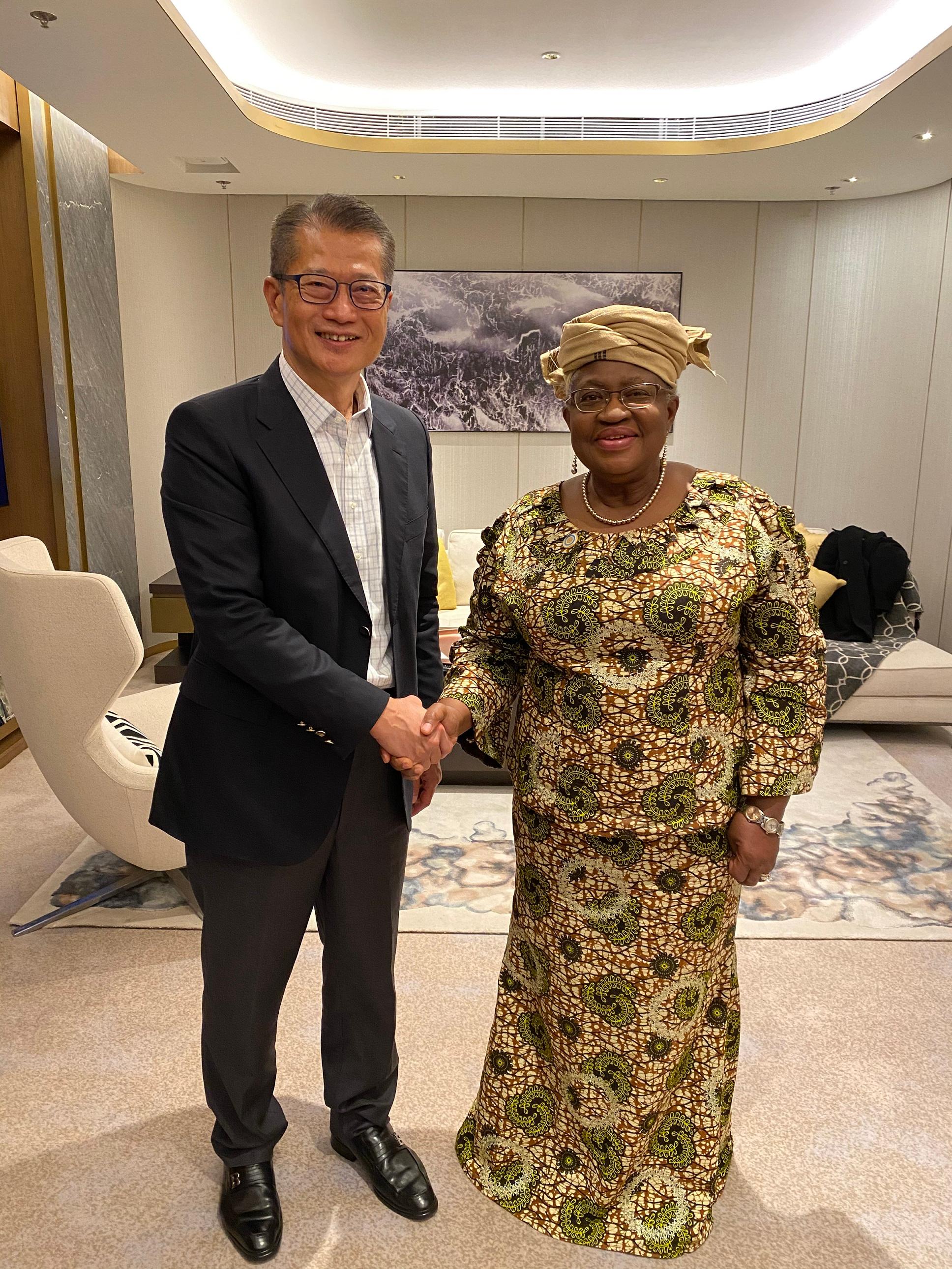 The Financial Secretary, Mr Paul Chan, meets with the Director-General of the World Trade Organization, Dr Ngozi Okonjo-Iweala, today (December 10).