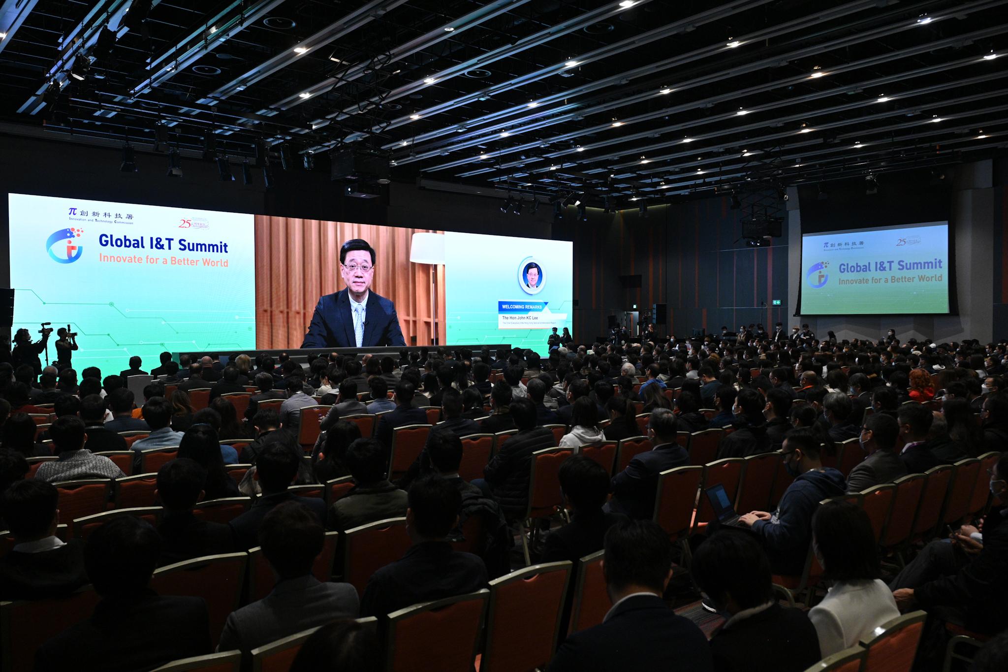 The Chief Executive, Mr John Lee, delivers a pre-recorded welcoming speech at the Global I&T Summit today (December 15).