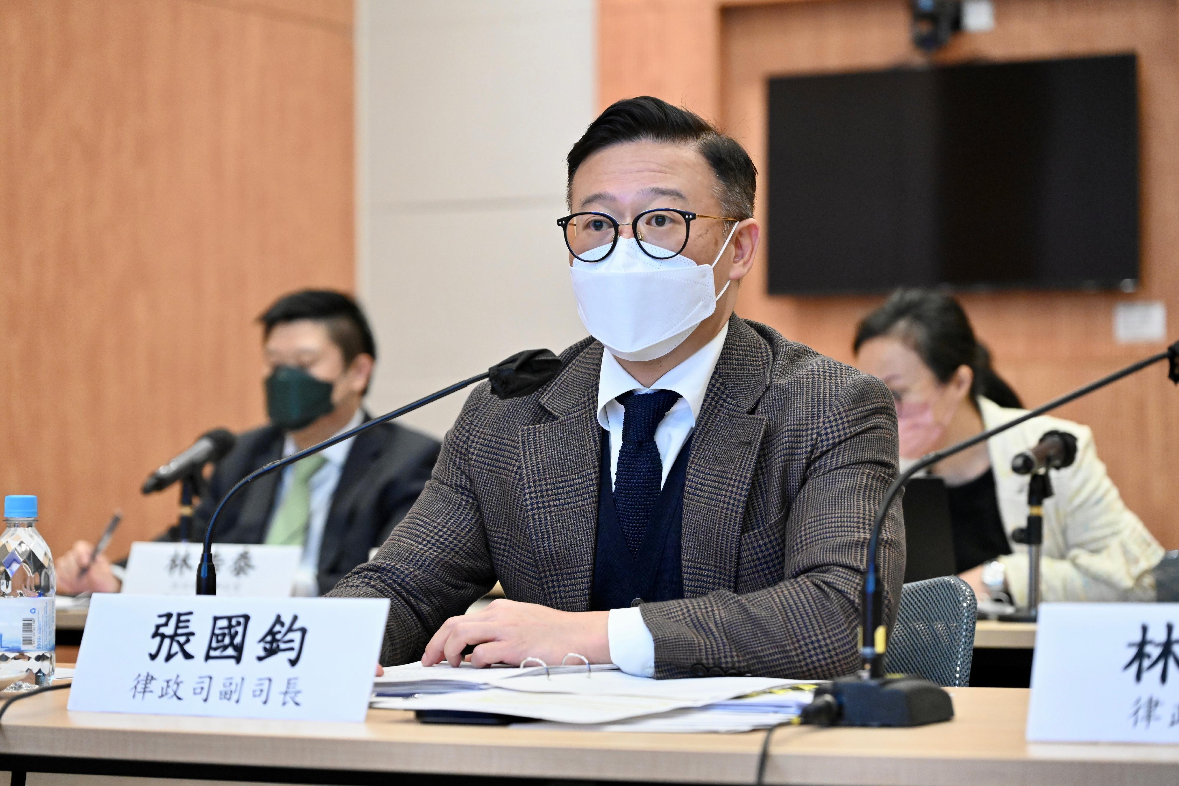 The fourth Guangdong-Hong Kong-Macao Greater Bay Area Legal Departments Joint Conference was held online in Hong Kong today (December 16). Photo shows the Deputy Secretary for Justice, Mr Cheung Kwok-kwan,  speaking at the Joint Conference.