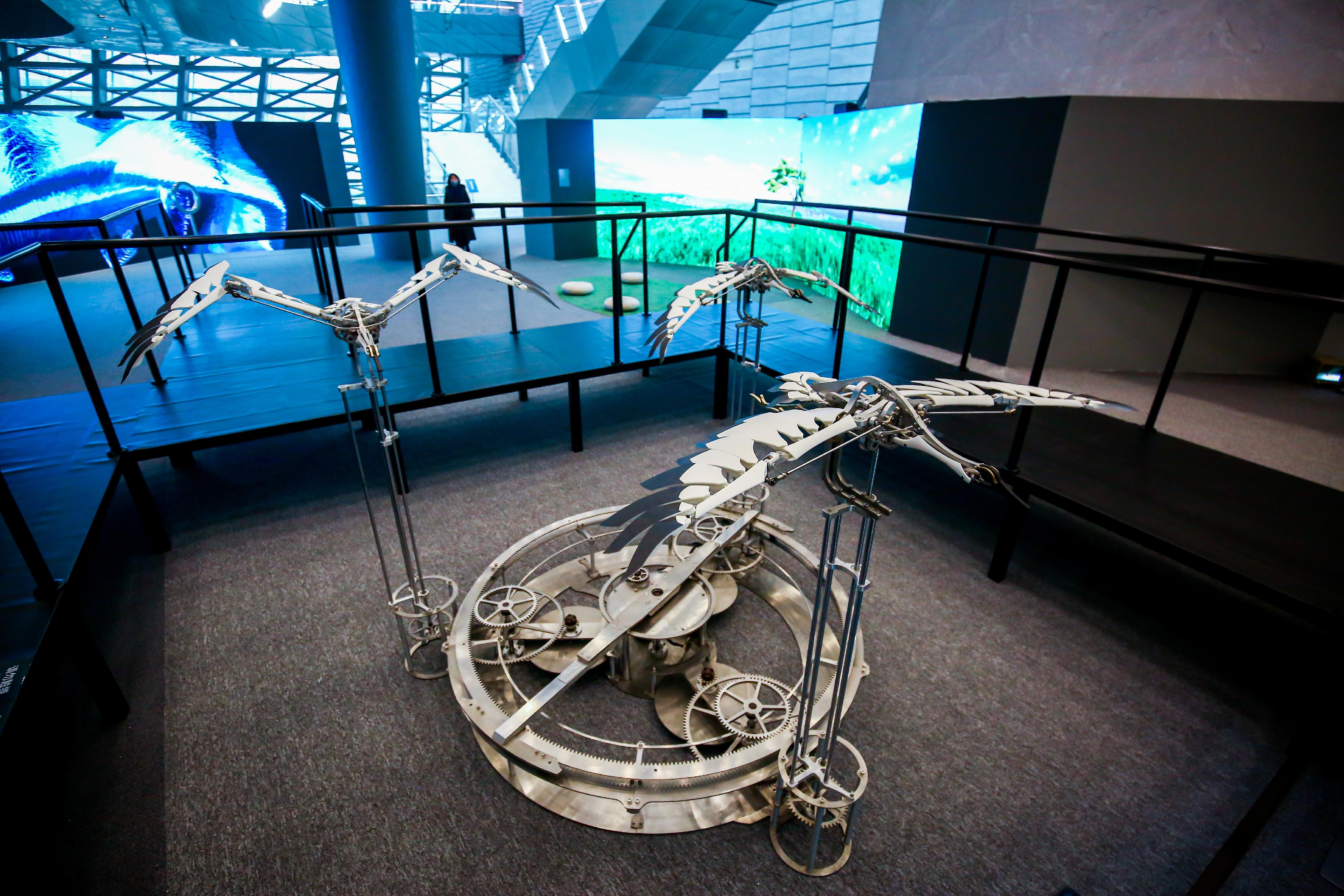 The Shenzhen stop of the "2022 Hong Kong-Macao Visual Art Biennale" is taking place at the Museum of Contemporary Art & Planning in Shenzhen. Photo shows Hong Kong artist Joseph Chan's kinetic installation, "Migratory birds", a large mechanical bird installation inspired by the ecology in nature.