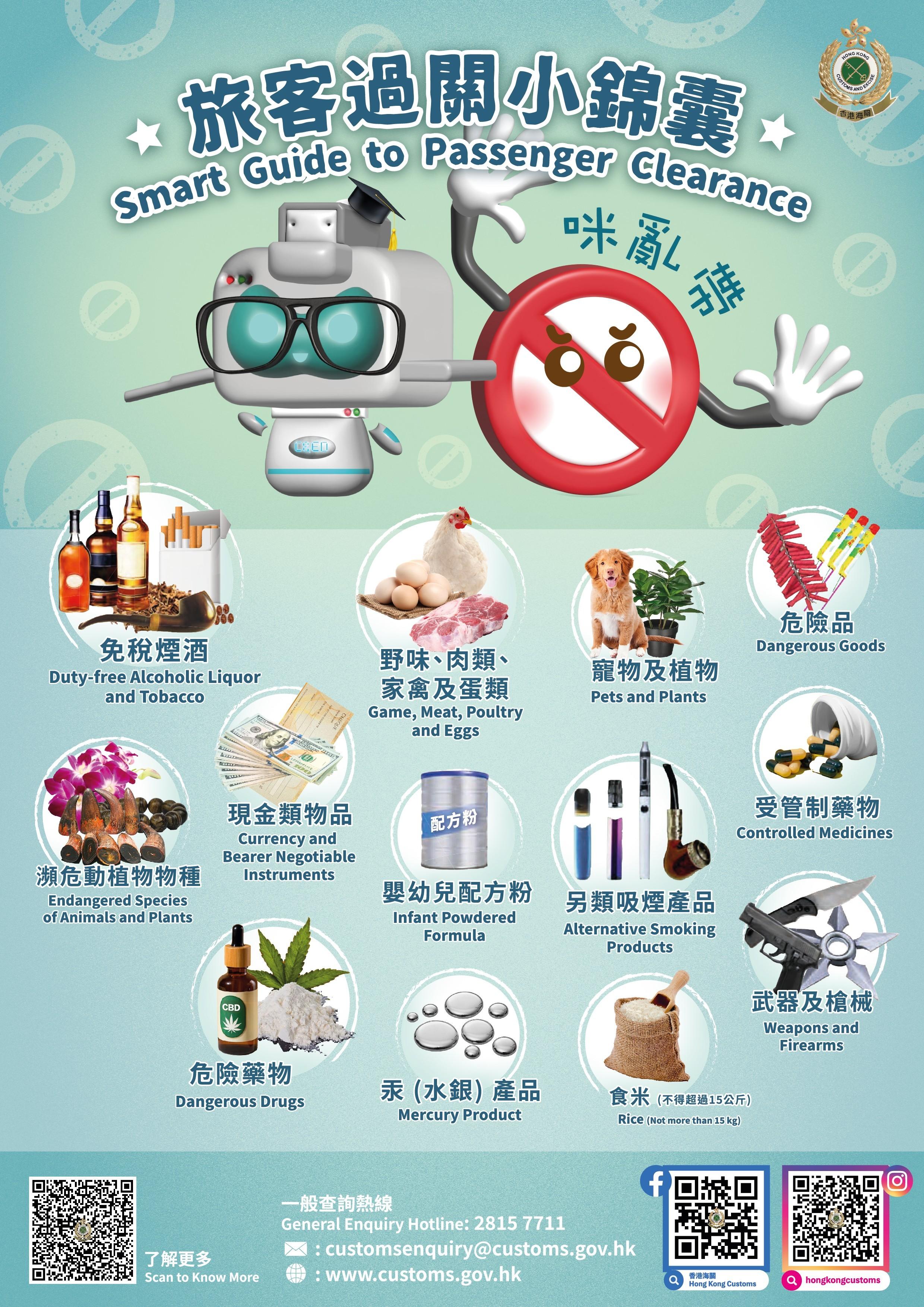 香港海關在社交平台專頁和微信公眾號發放「旅客過關小錦囊」，提醒市民及旅客須留意切勿攜帶違禁品及受管制物品進出香港。