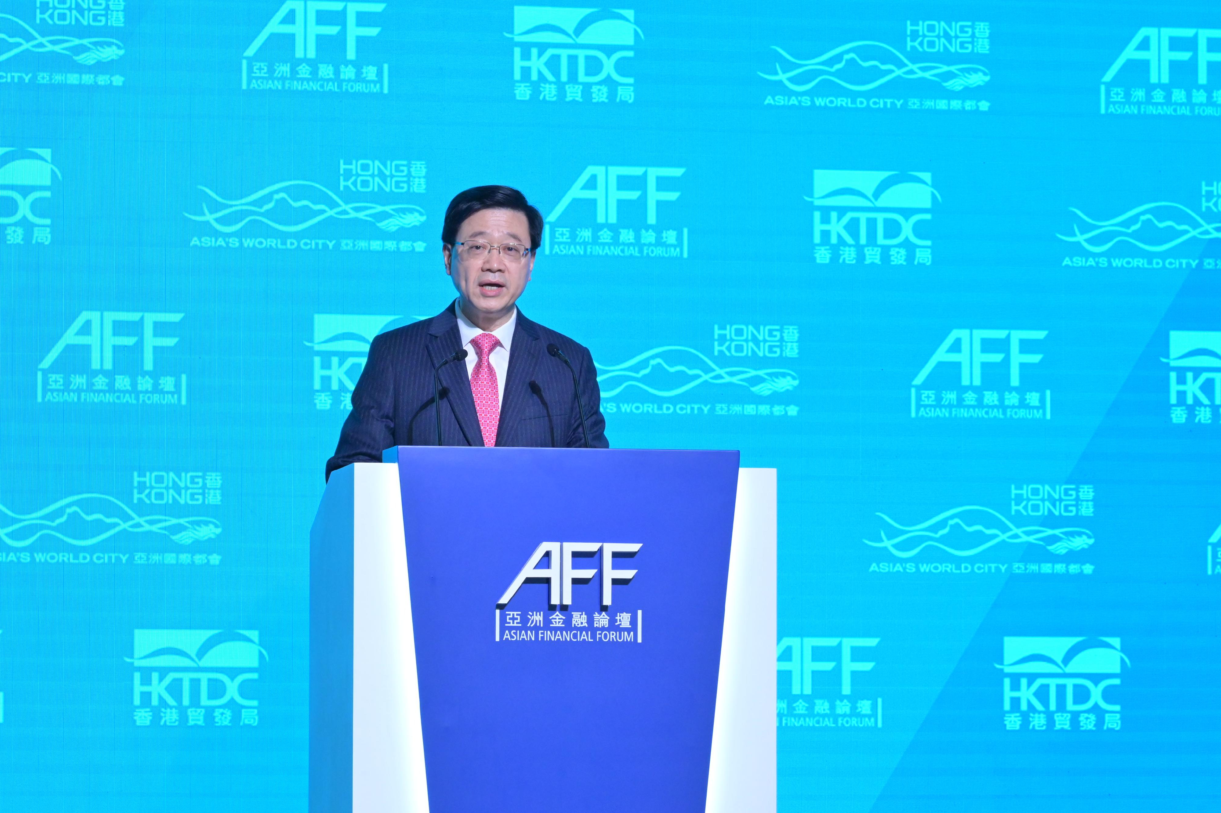 The Chief Executive, Mr John Lee, delivers the opening remarks at the Asian Financial Forum at the Hong Kong Convention and Exhibition Centre this morning (January 11).