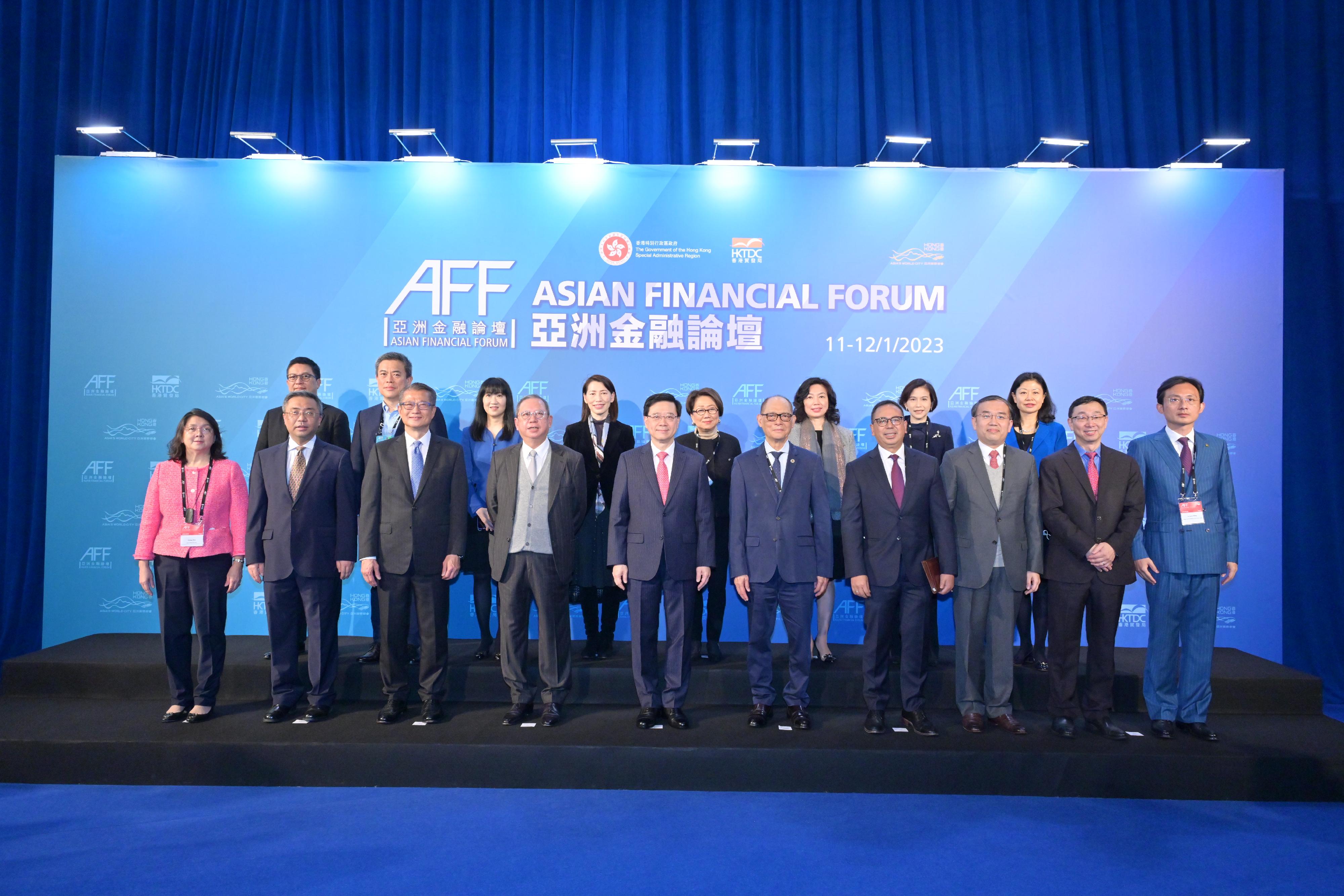 The Chief Executive, Mr John Lee, attended the Asian Financial Forum at the Hong Kong Convention and Exhibition Centre this morning (January 11). Photo shows (front row, from second left) Deputy Commissioner of the Office of the Commissioner of the Ministry of Foreign Affairs of the People's Republic of China in the Hong Kong Special Administrative Region Mr Yang Yirui; the Financial Secretary, Mr Paul Chan; the Chairman of the Hong Kong Trade Development Council, Dr Peter Lam; Mr Lee; the Secretary of the Department of Finance, the Philippines, Dr Benjamin Diokno; the Chief Executive Officer of the Indonesia Investment Authority, Dr Ridha Wirakusumah; the Secretary for Financial Services and the Treasury, Mr Christopher Hui, and other major guests before the opening session.