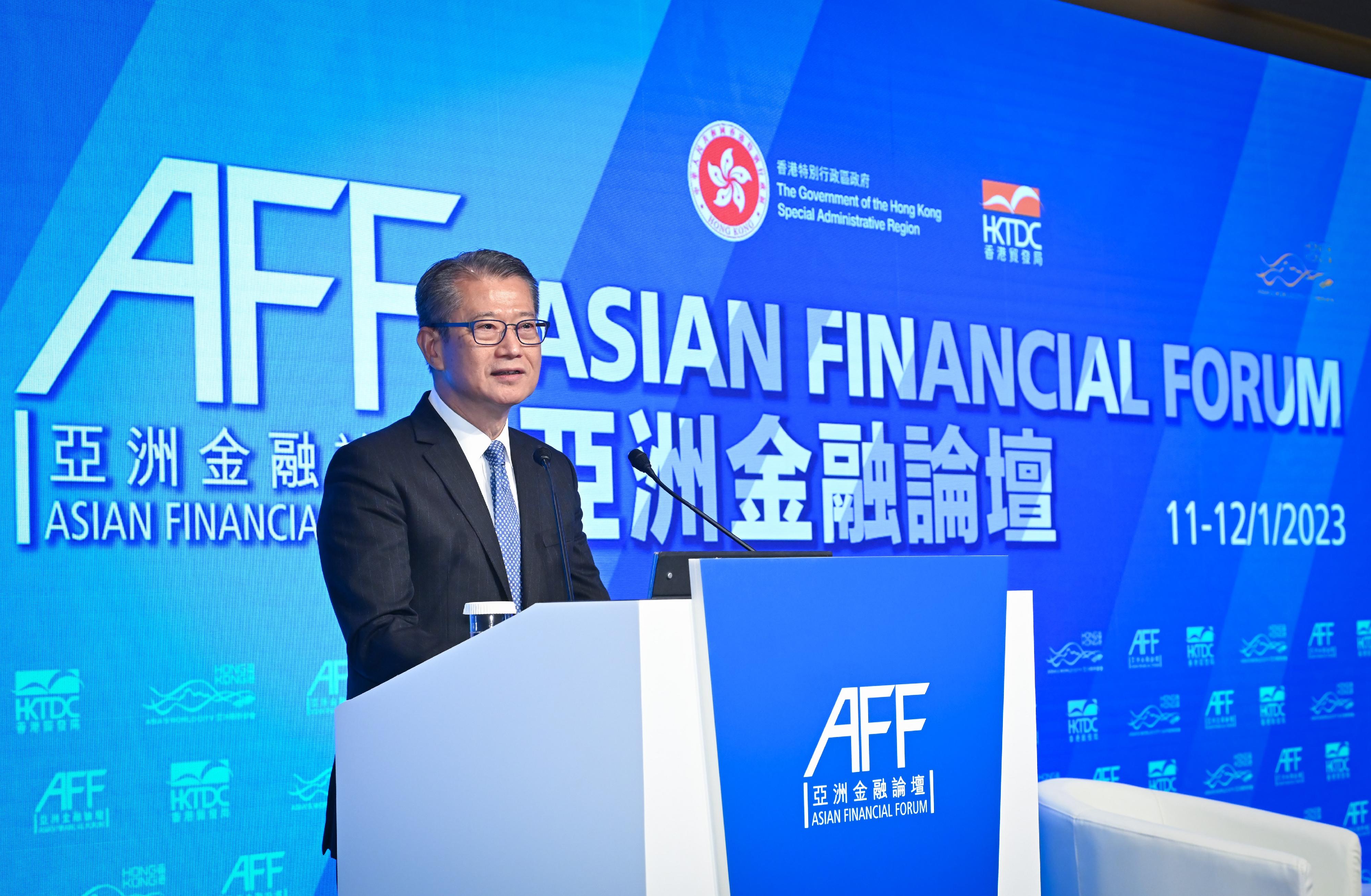 The Financial Secretary, Mr Paul Chan, speaks at the Asian Financial Forum keynote luncheon at the Hong Kong Convention and Exhibition Centre this afternoon (January 11).