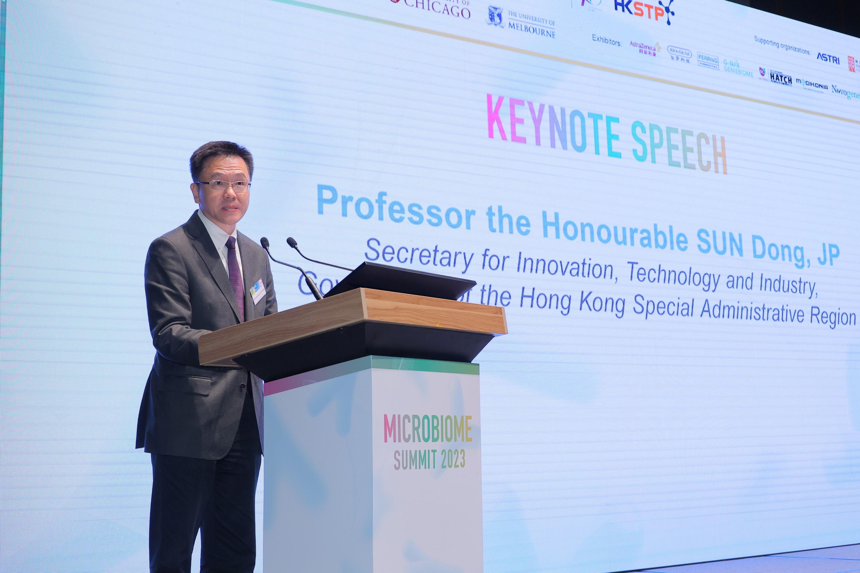 The Secretary for Innovation, Technology and Industry, Professor Sun Dong, speaks at the Microbiome Summit 2023 today (January 13).
