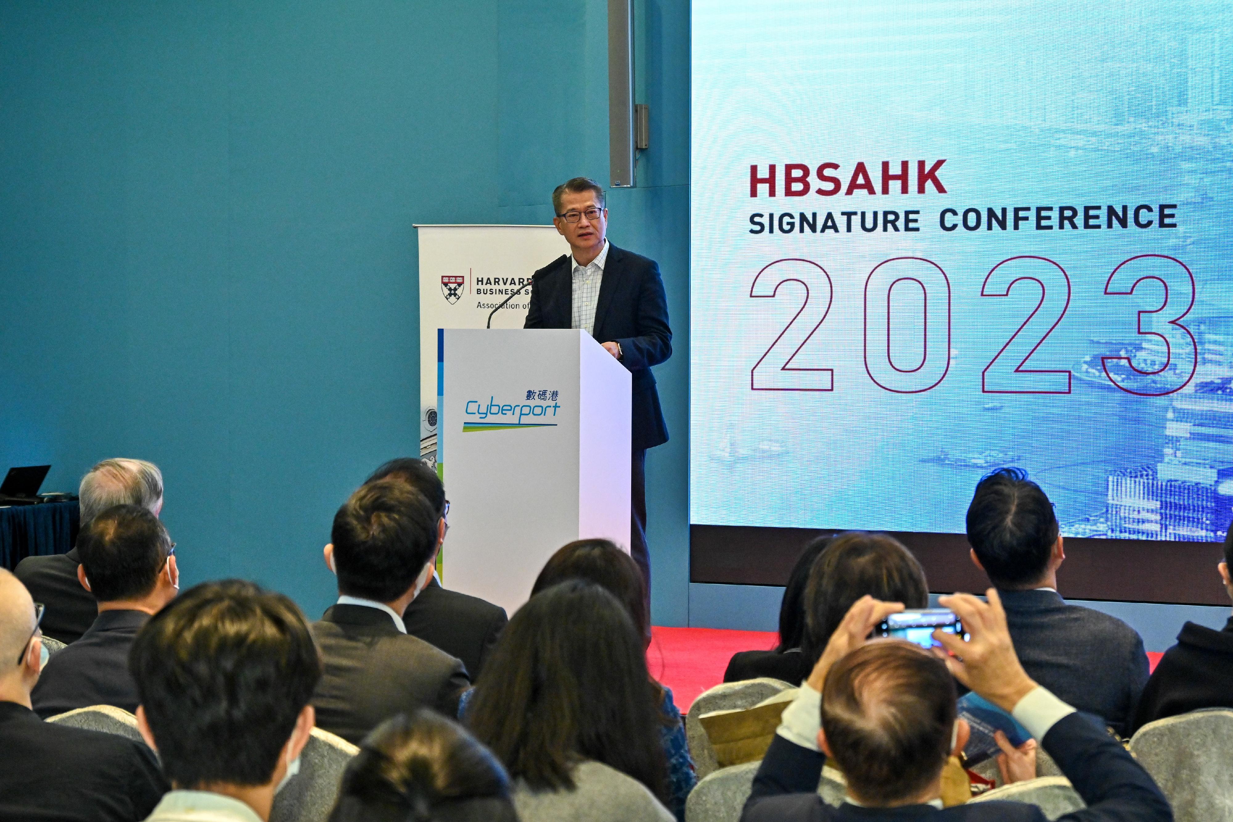 The Financial Secretary, Mr Paul Chan, speaks at the Harvard Business School Association of Hong Kong Signature Conference 2023 today (January 14).