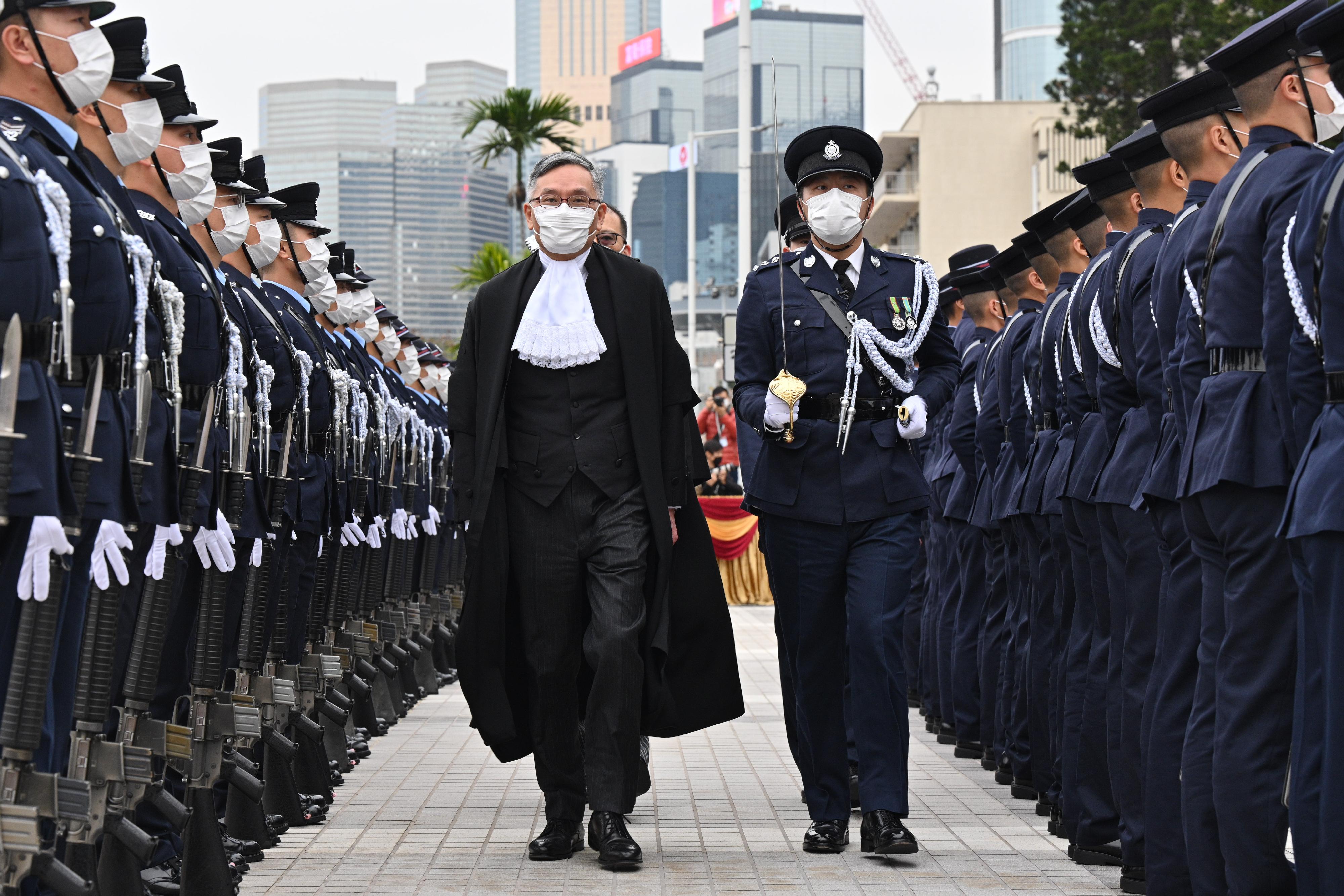 The Chief Justice of the Court of Final Appeal, Mr Andrew Cheung Kui-nung, inspects a Ceremonial Guard mounted by the Hong Kong Police Force at Edinburgh Place during the Ceremonial Opening of the Legal Year 2023 today (January 16).