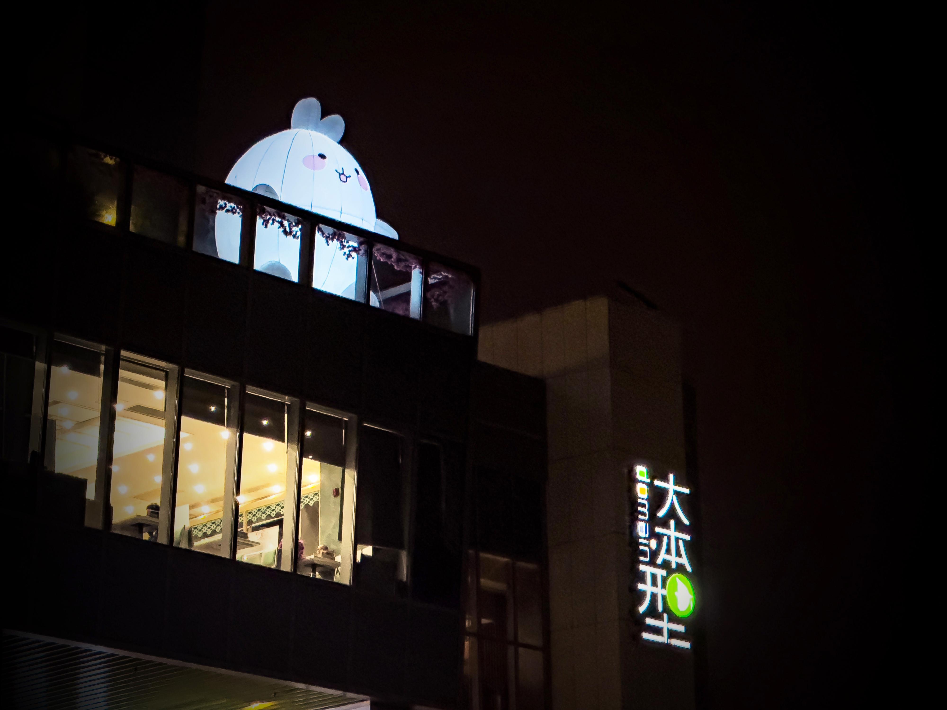 香港房屋委员会辖下位于九龙油塘的区域商场「大本型」的中庭及天台花园设置吉祥瑞兔跟游人拜年，天台花园的发亮巨兔晚上尤为亲切可爱。