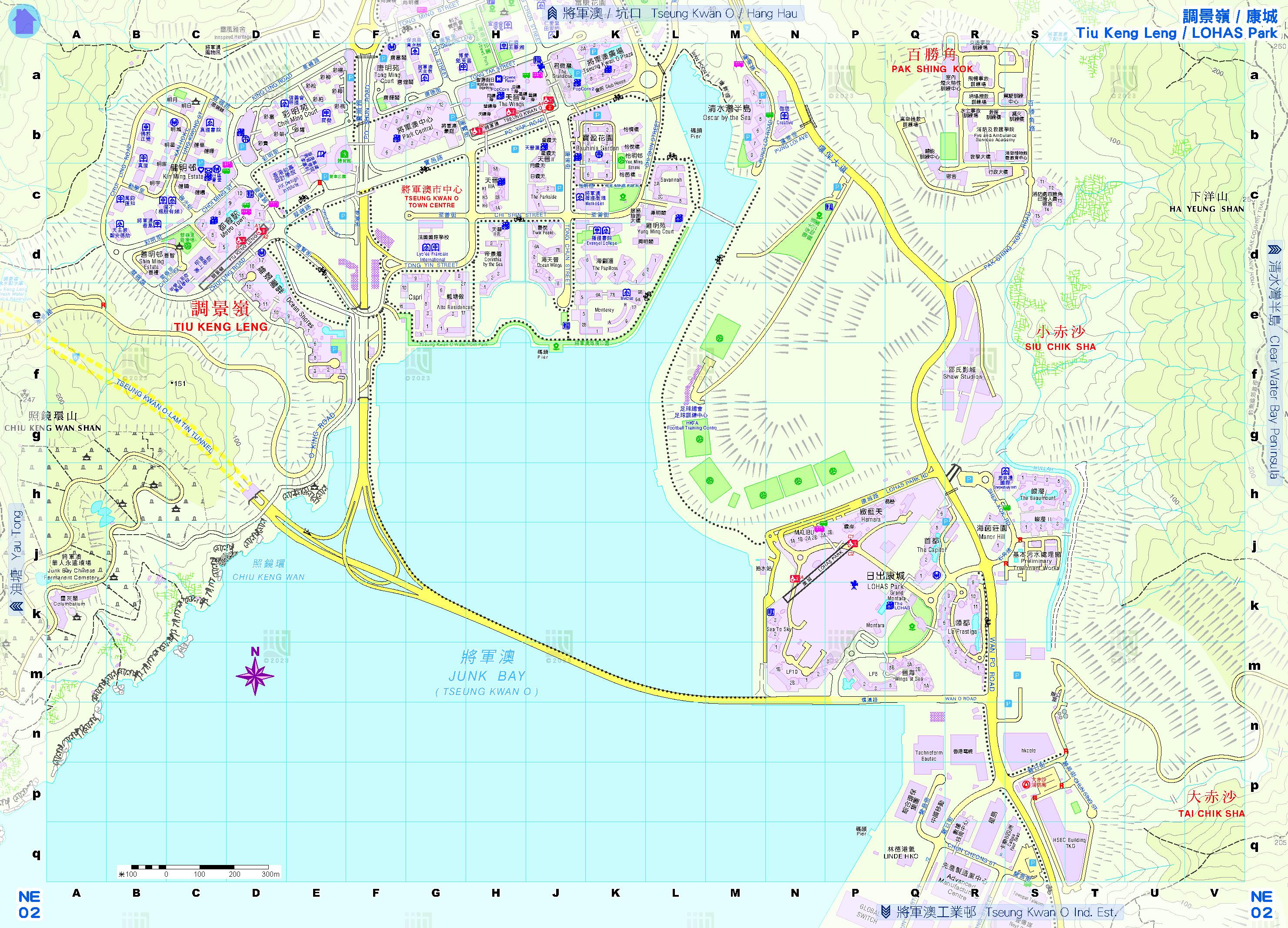 二○二三年《e香港街》今日（一月三十一日）起供免費下載，當中載有詳盡的香港地圖。圖示調景嶺及康城一帶的地圖頁面。