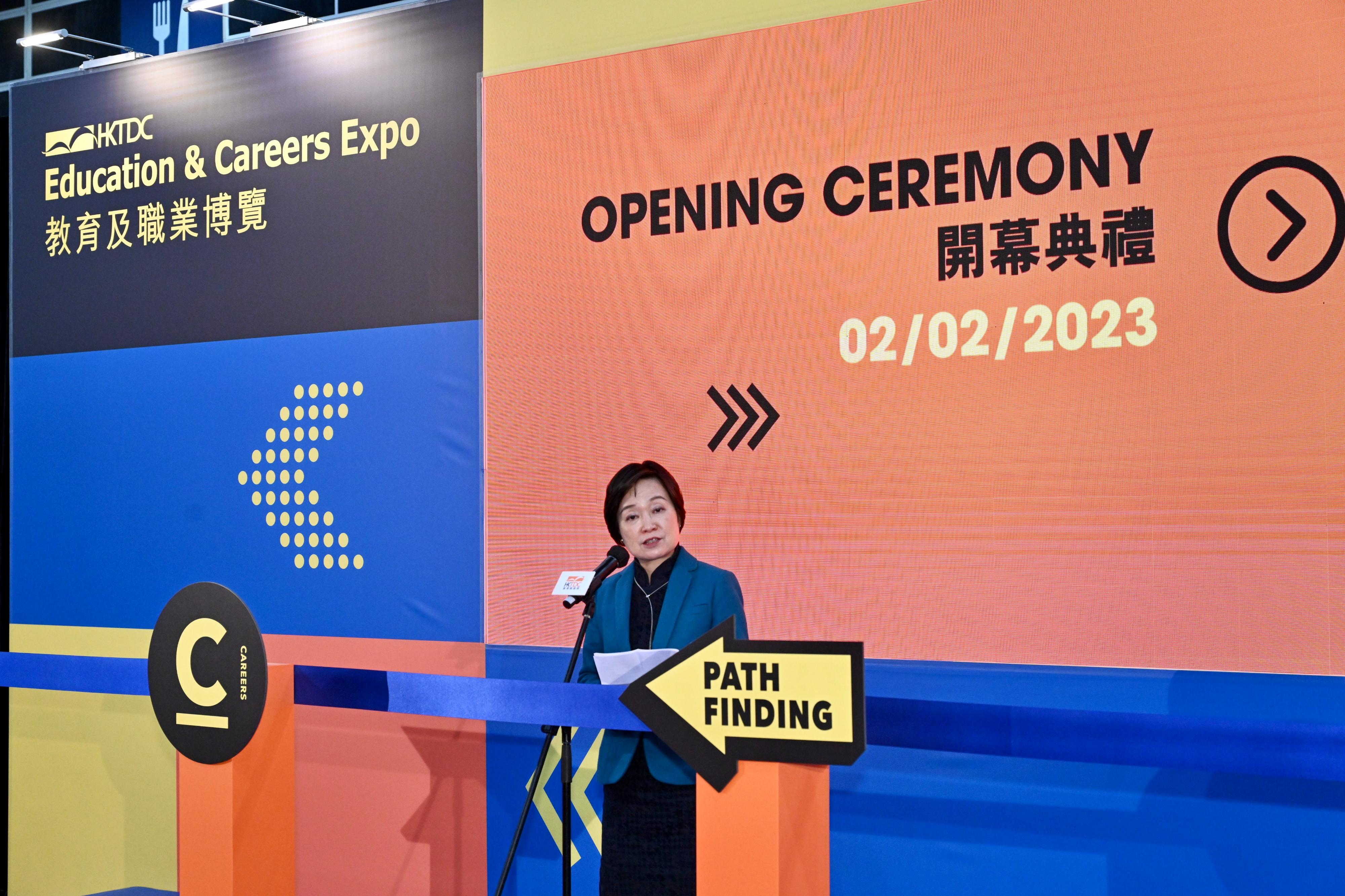 The Secretary for Education, Dr Choi Yuk-lin, speaks at the opening ceremony of the Education & Careers Expo 2023 today (February 2).