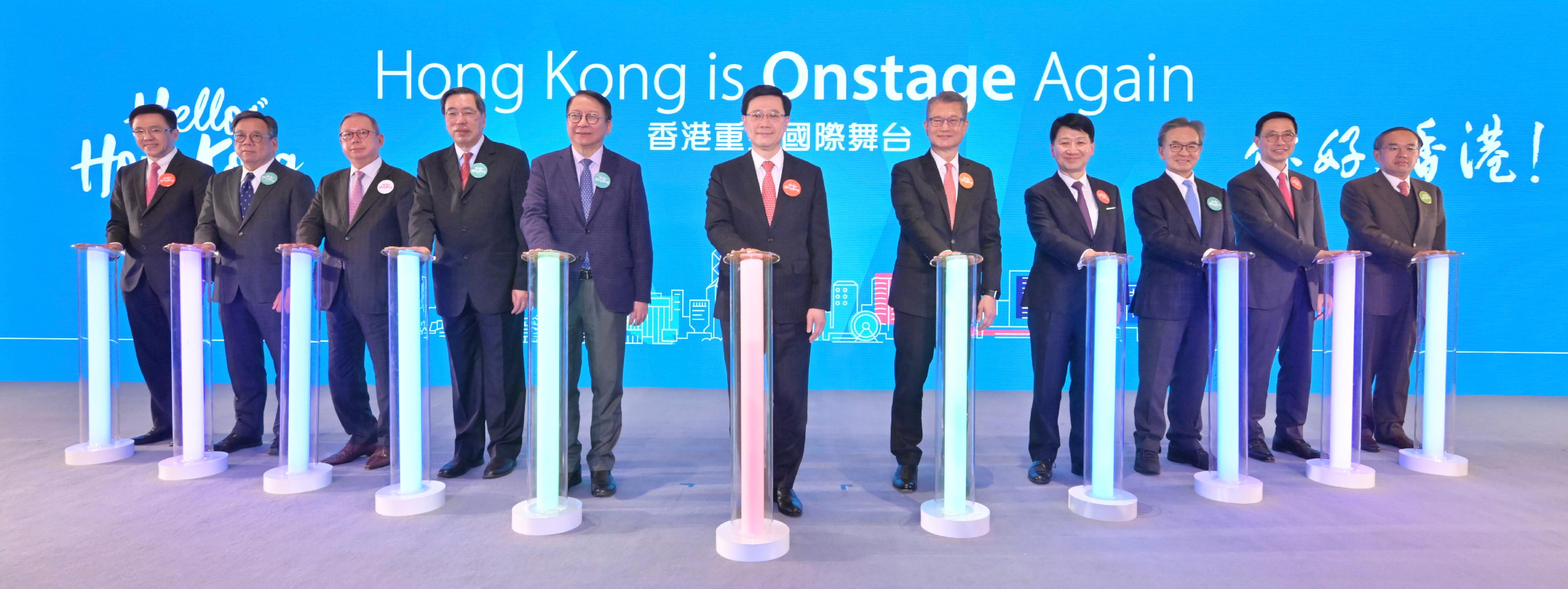 The Chief Executive, Mr John Lee, attended the "Hello Hong Kong" Campaign Launch Ceremony today (February 2). Photo shows (from left) the Secretary for Innovation, Technology and Industry, Professor Sun Dong; the Secretary for Commerce and Economic Development, Mr Algernon Yau; the Chairman of the Hong Kong Trade Development Council, Dr Peter Lam; the President of the Legislative Council, Mr Andrew Leung; the Chief Secretary for Administration, Mr Chan Kwok-ki; Mr Lee; the Financial Secretary, Mr Paul Chan; the Chairman of the Hong Kong Tourism Board, Dr Pang Yiu-kai; the Chairman of the Airport Authority Hong Kong, Mr Jack So; the Secretary for Culture, Sports and Tourism, Mr Kevin Yeung; and the Secretary for Financial Services and the Treasury, Mr Christopher Hui, officiating at the ceremony.