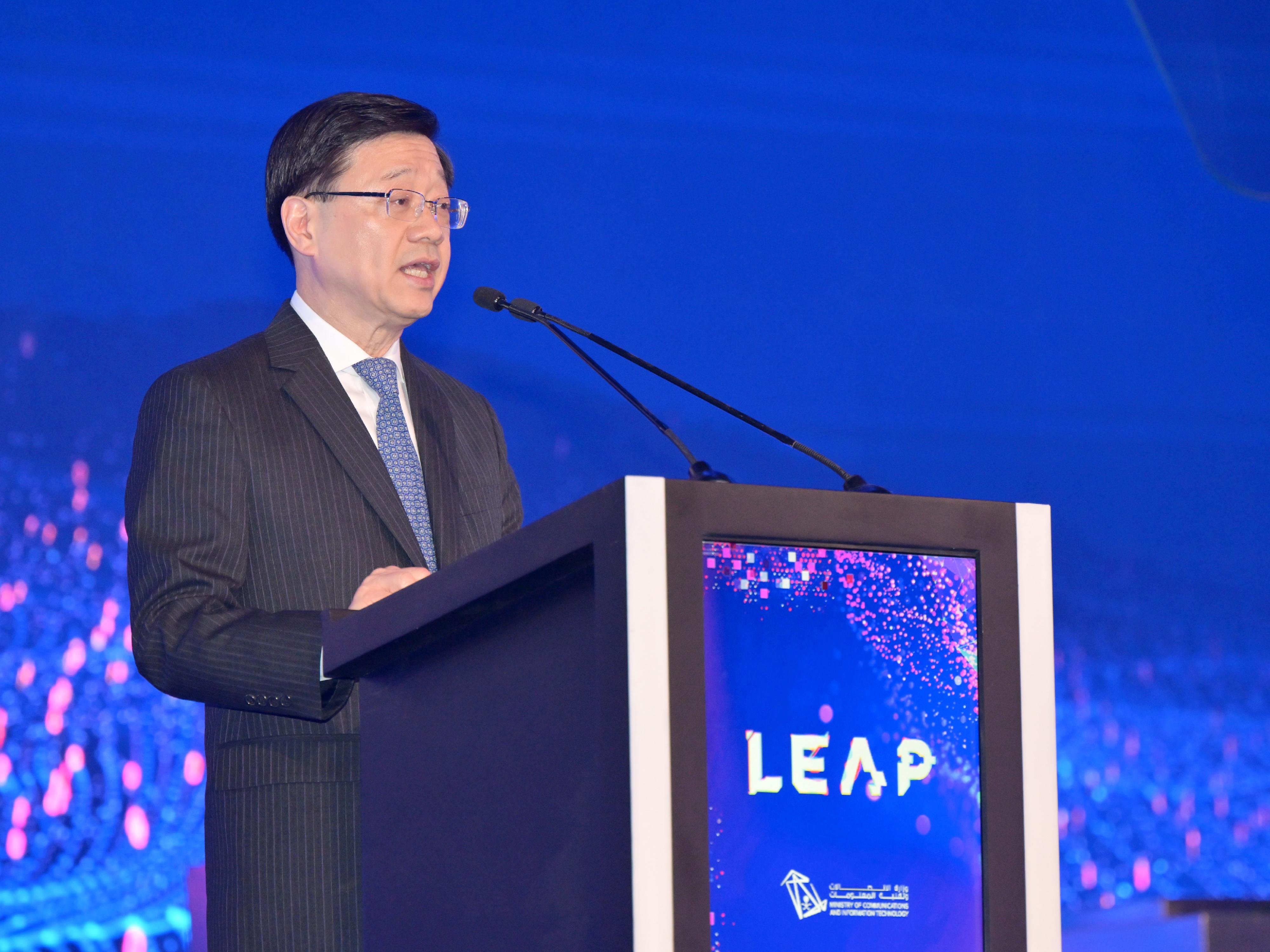 The Chief Executive, Mr John Lee, in Riyadh, Saudi Arabia, today (February 6, Riyadh time) attended the LEAP 2023 technology conference. Photo shows Mr Lee delivering a keynote speech at the event.