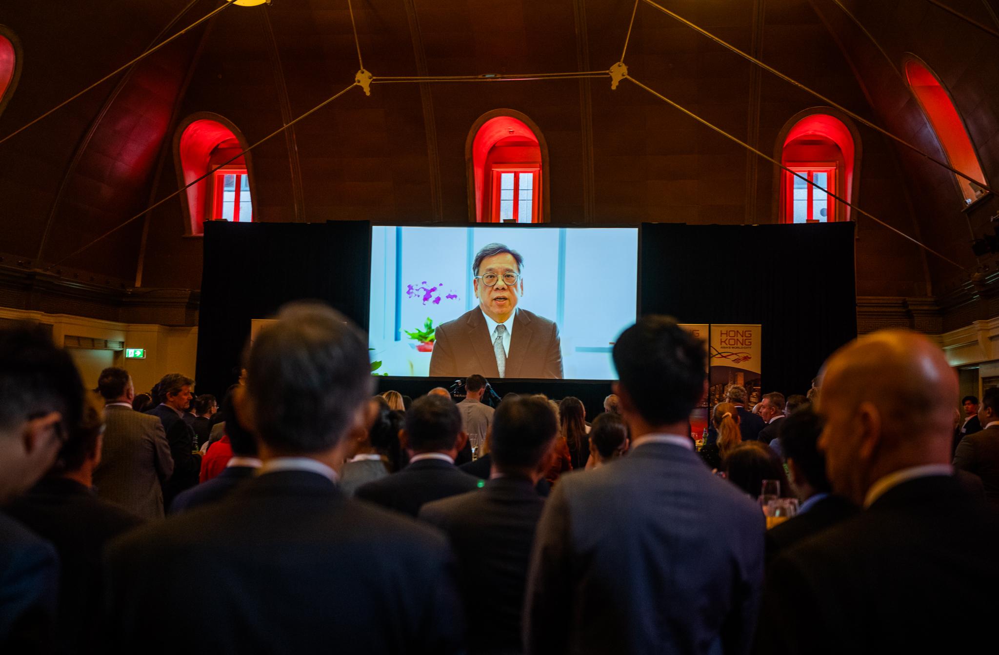 The Hong Kong Economic and Trade Office, Sydney hosted a reception in Sydney, Australia, today (February 7) to celebrate the Year of the Rabbit. Photo shows the Secretary for Commerce and Economic Development, Mr Algernon Yau, delivering a virtual speech to highlight Hong Kong's latest developments and its unique advantages.