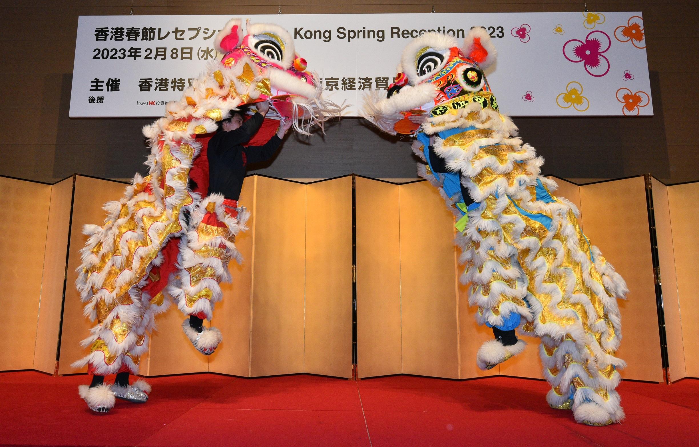 A lion dance is performed at the spring reception held by the Hong Kong Economic and Trade Office (Tokyo) today (February 8) to celebrate the Chinese New Year.