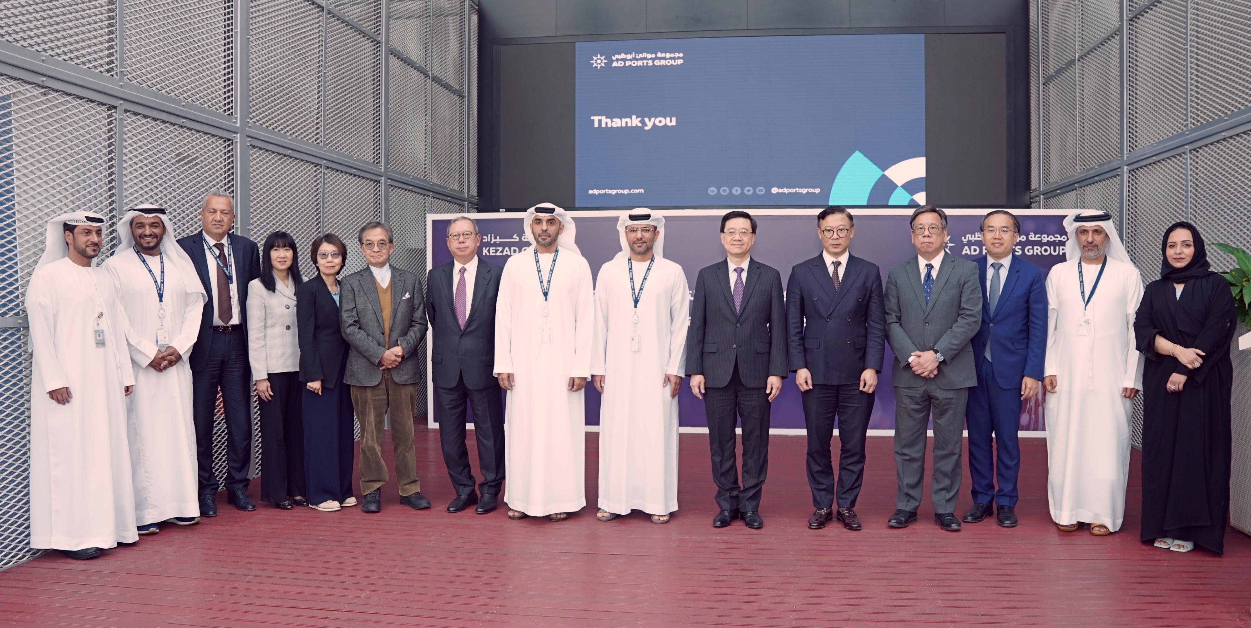 The Chief Executive, Mr John Lee, visited Abu Dhabi Ports Group in Abu Dhabi, the United Arab Emirates, today (February 8, Abu Dhabi time). Photo shows Mr Lee (sixth right); the Chief Executive Officer of Abu Dhabi Ports Group, Mr Mohamed Juma Al Shamisi (seventh right); the Deputy Secretary for Justice, Mr Cheung Kwok-kwan (fifth right); the Secretary for Financial Services and the Treasury, Mr Christopher Hui (third right); the Secretary for Commerce and Economic Development, Mr Algernon Yau (fourth right); the Chairman of the Hong Kong Trade Development Council, Dr Peter Lam (seventh left); the Executive Director of the Hong Kong Trade Development Council, Miss Margaret Fong (fourth left); the Chairman of Airport Authority Hong Kong, Mr Jack So (sixth left); the Chairman of the Hong Kong General Chamber of Commerce, Mrs Betty Yuen (fifth left); and representatives of Abu Dhabi Ports Group at the welcoming lunch.