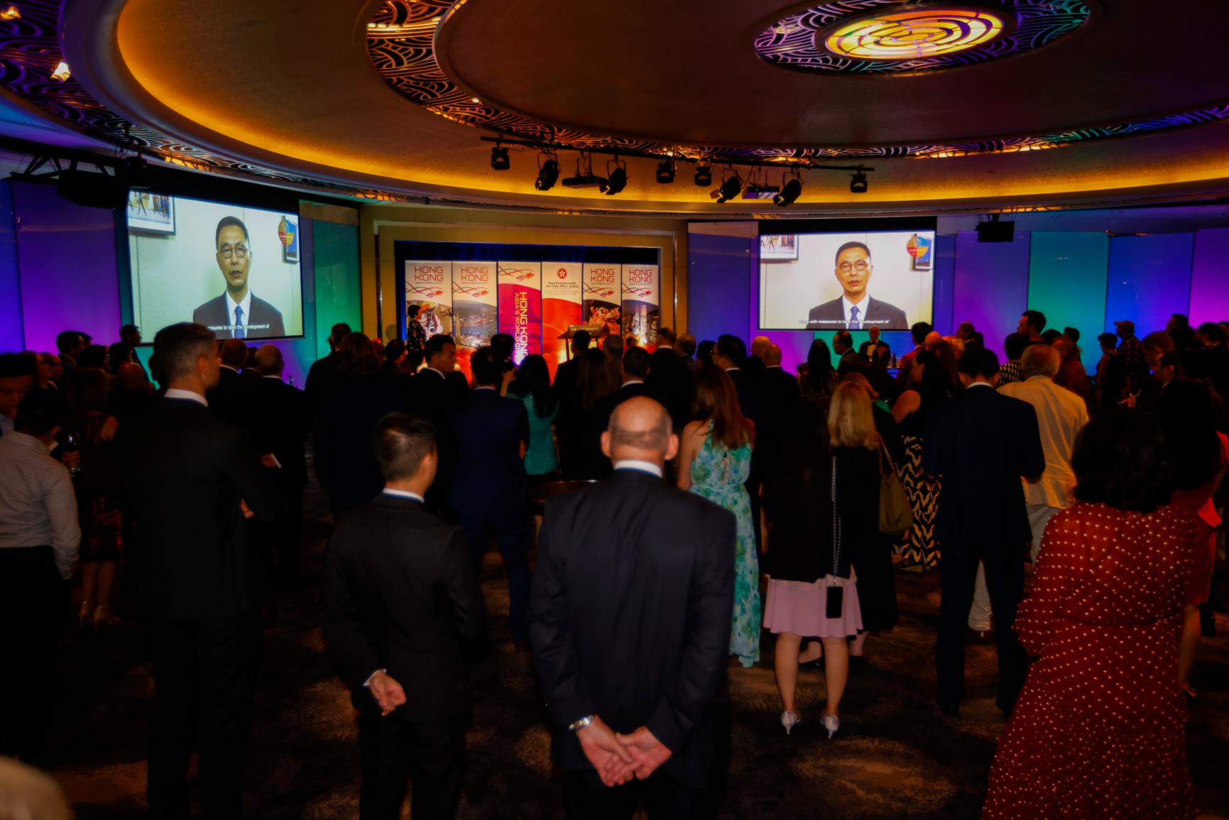 The Hong Kong Economic and Trade Office, Sydney hosted a reception in Melbourne, Australia, today (February 15) to celebrate the Year of the Rabbit. Photo shows the Secretary for Culture, Sports and Tourism, Mr Kevin Yeung, delivering a virtual speech to highlight the latest arts and culture developments in Hong Kong.